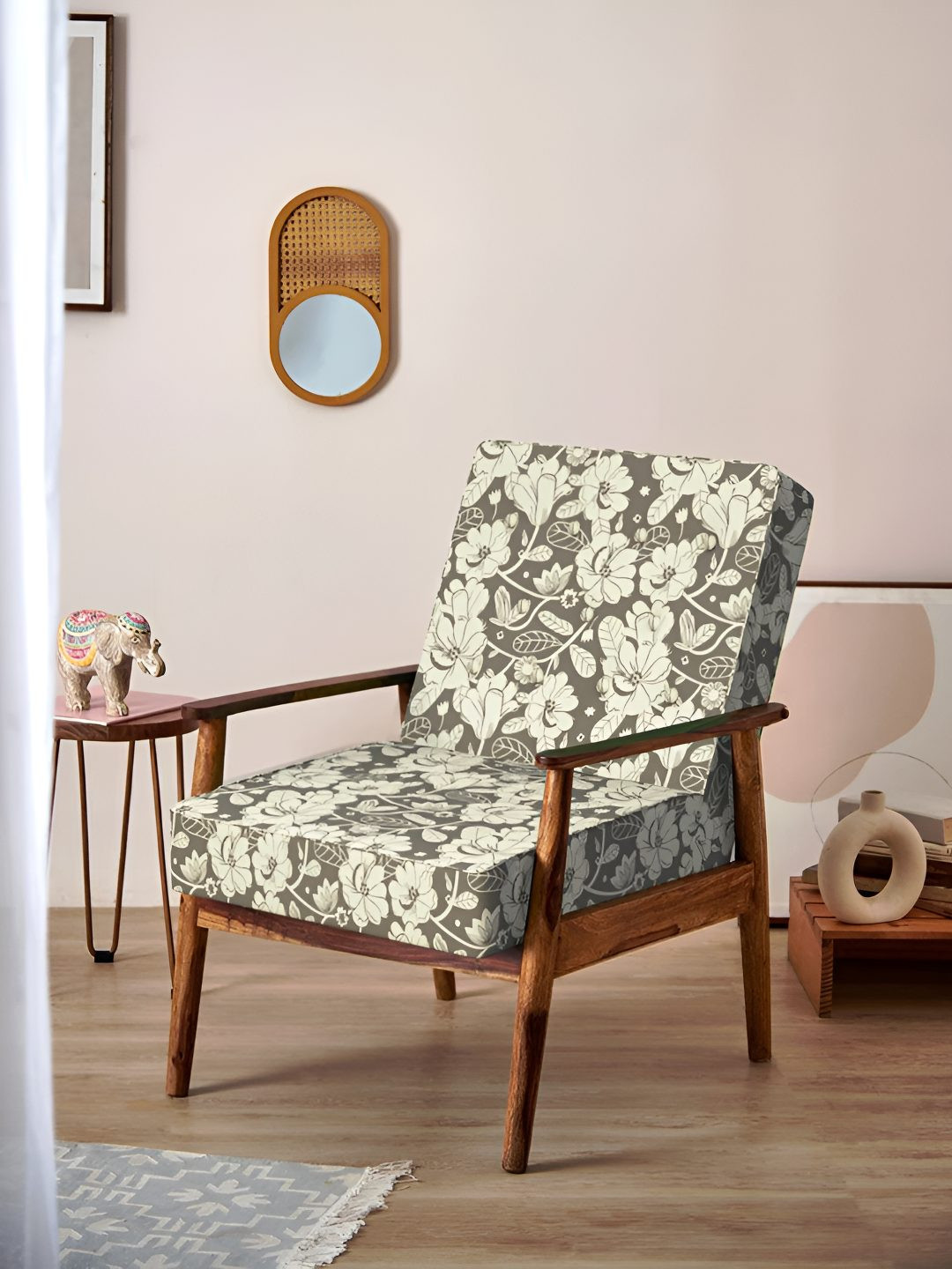 Chumbak Grey Floral Printed Garden Memsaab Arm Chair