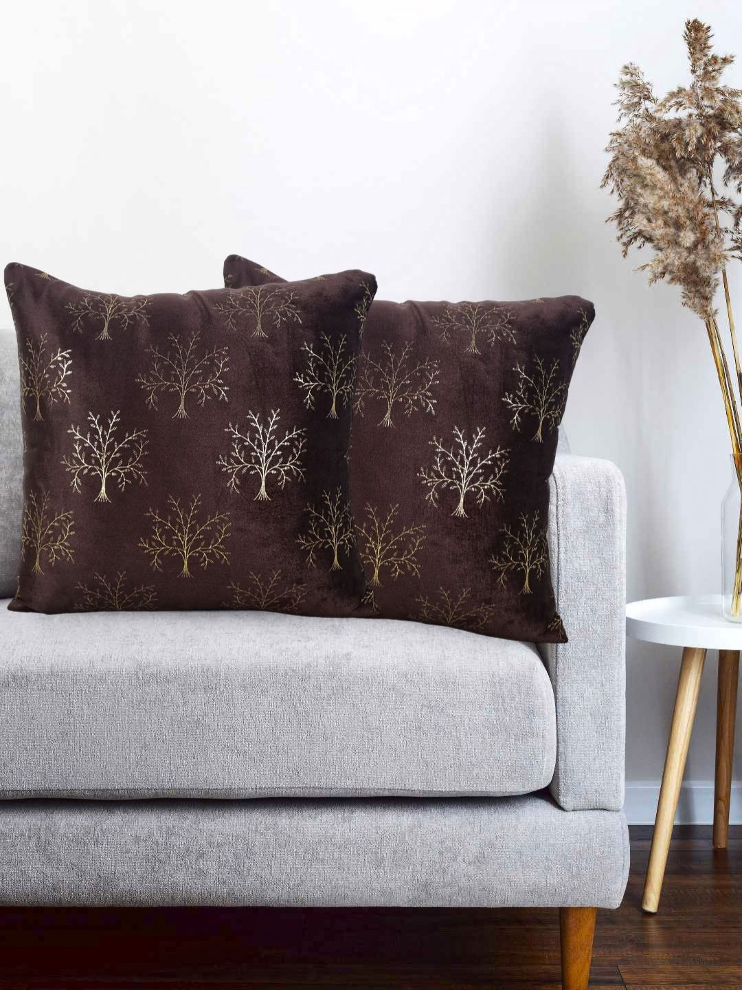 Vinayaka Fab Brown And Gold-Toned 2 Pieces Floral Printed Velvet Square Cushion Covers