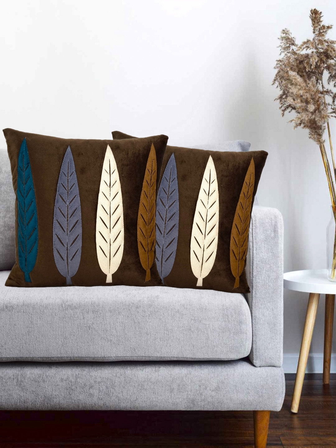 Vinayaka Fab Brown 2 Pieces Floral Patchwork Velvet Square Shaped Cushion Covers