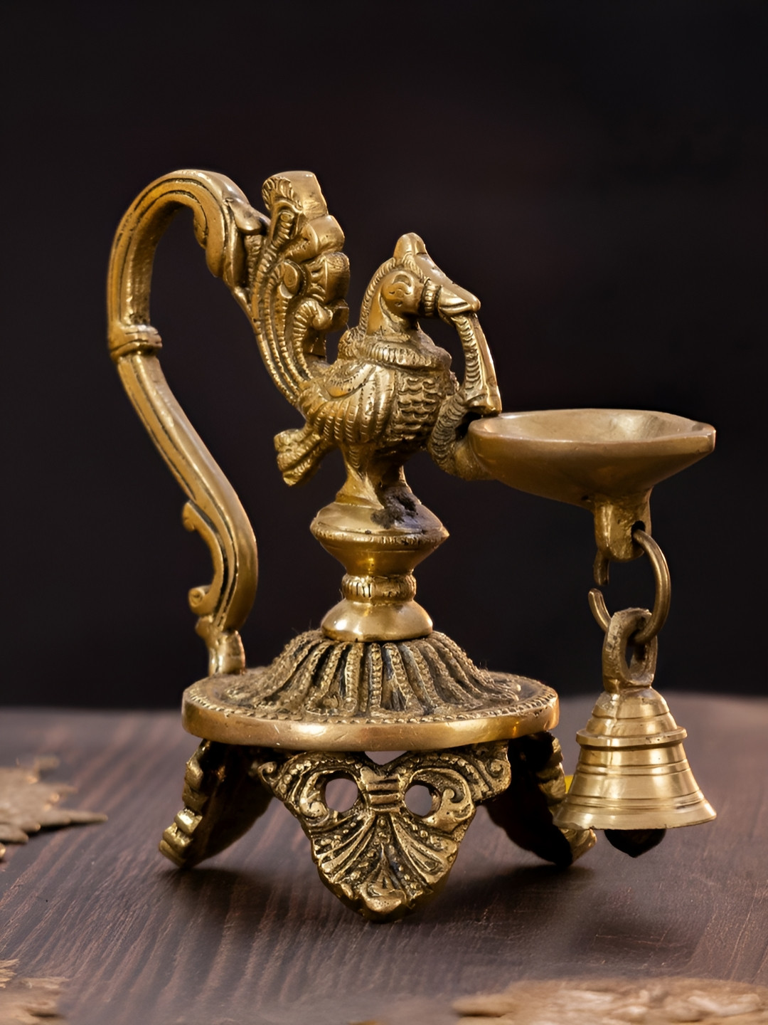 The Advitya Gold-Toned Peacock Diya With Bell Pooja Essential
