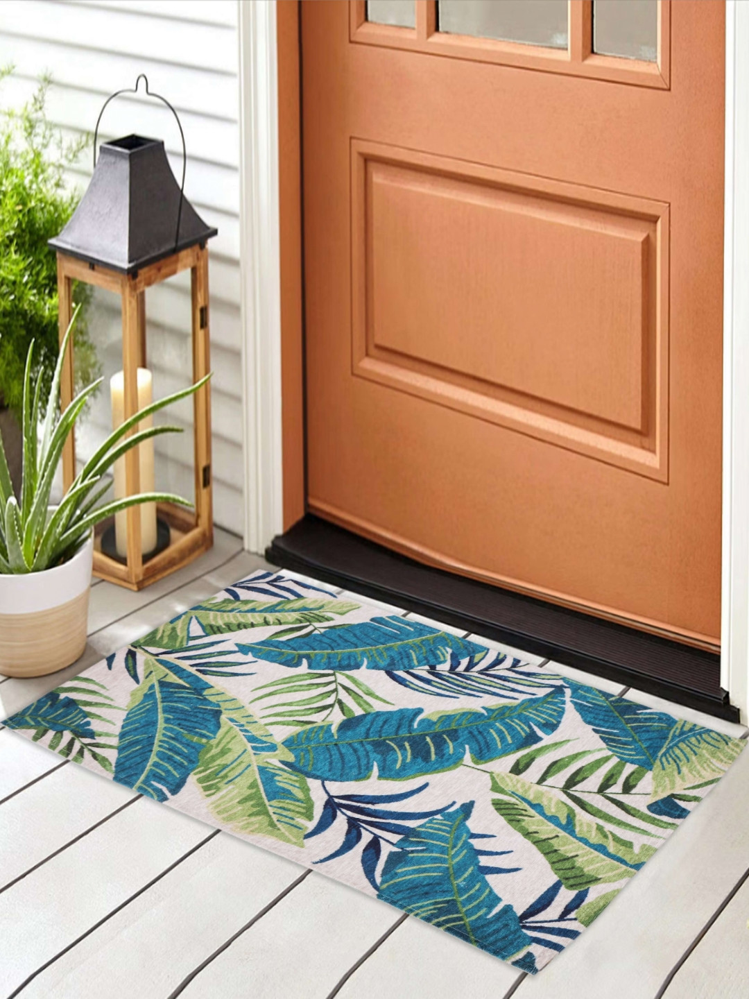 Aura Green & Blue Leaves Printed Anti Skid Doormat