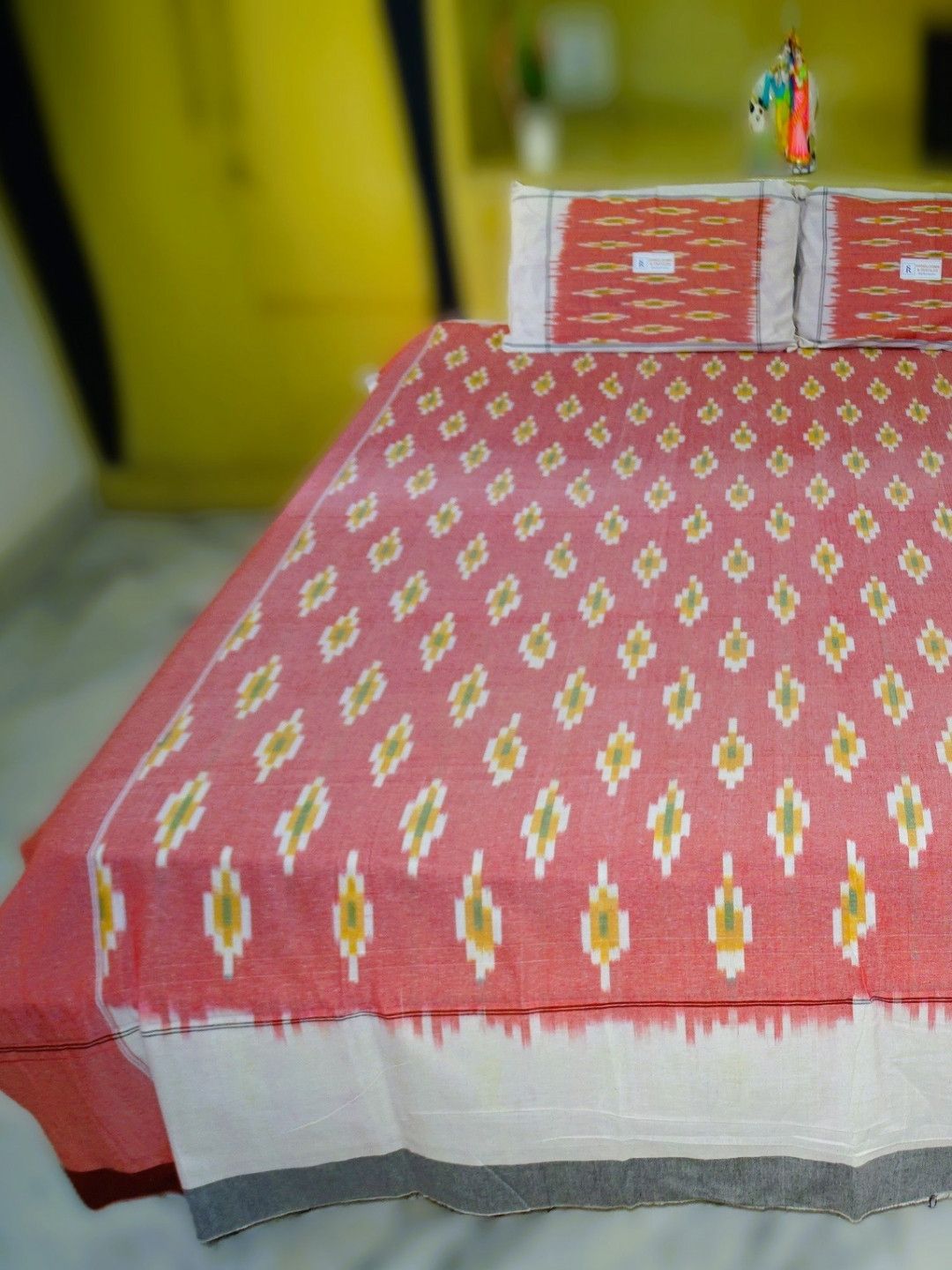 SR HANDLOOMS AND TEXTILES Red Ethnic Motifs Cotton 250 TC Queen Fine Bedsheet with 2 Pillow Covers-90 x 100 inches