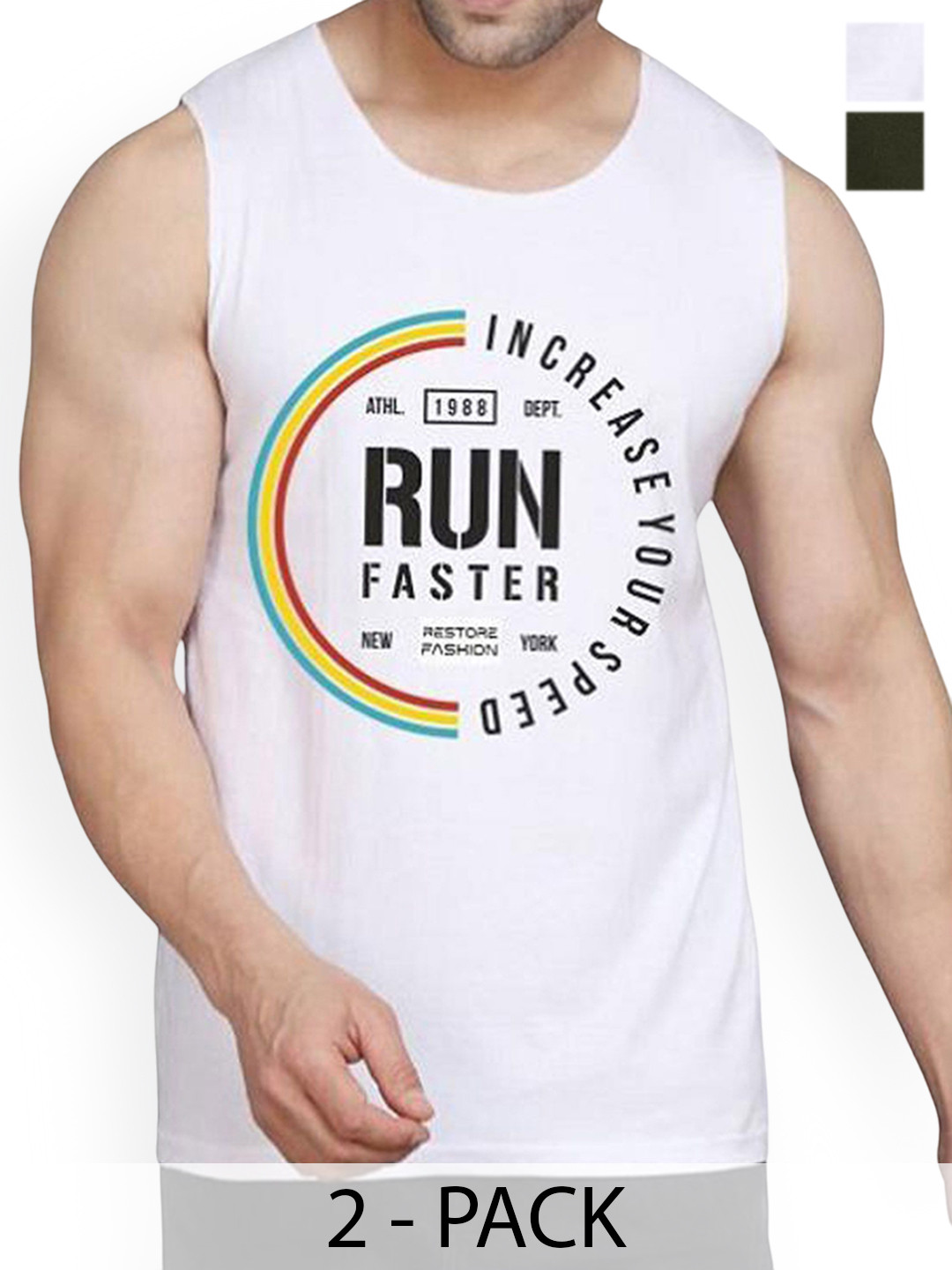 Woostro Pack Of 2 Printed Cotton Gym Vests RS26 CMB (HARD OLIVE) (RUN WHITE)
