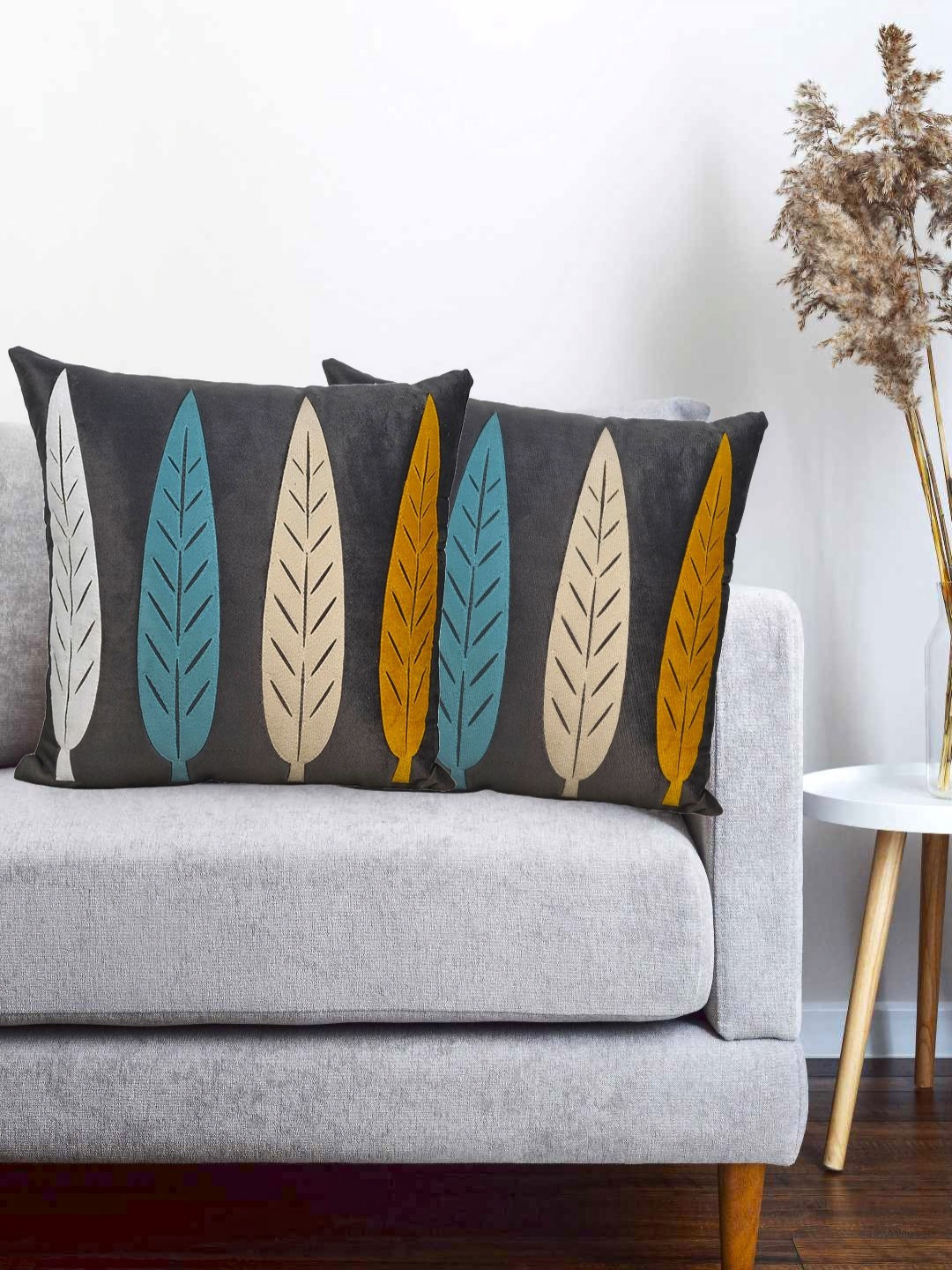 Vinayaka Fab Grey And Blue 2 Pieces Floral Velvet Square Cushion Covers