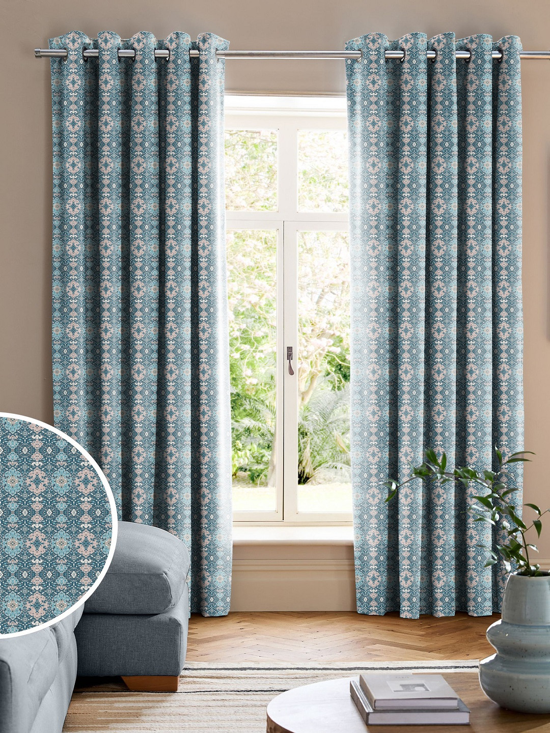CASABLEU Anthem Isla Blue and Grey 2 Pieces Ethnic Motifs Printed Door Curtains