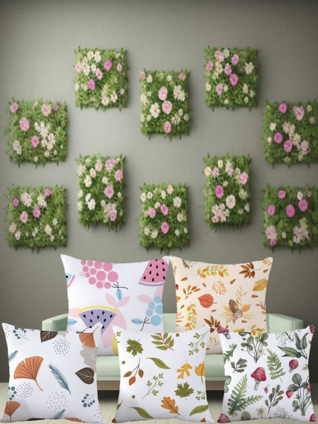 JEXHOME White 5 Pieces Floral Printed Satin Square Cushion Covers