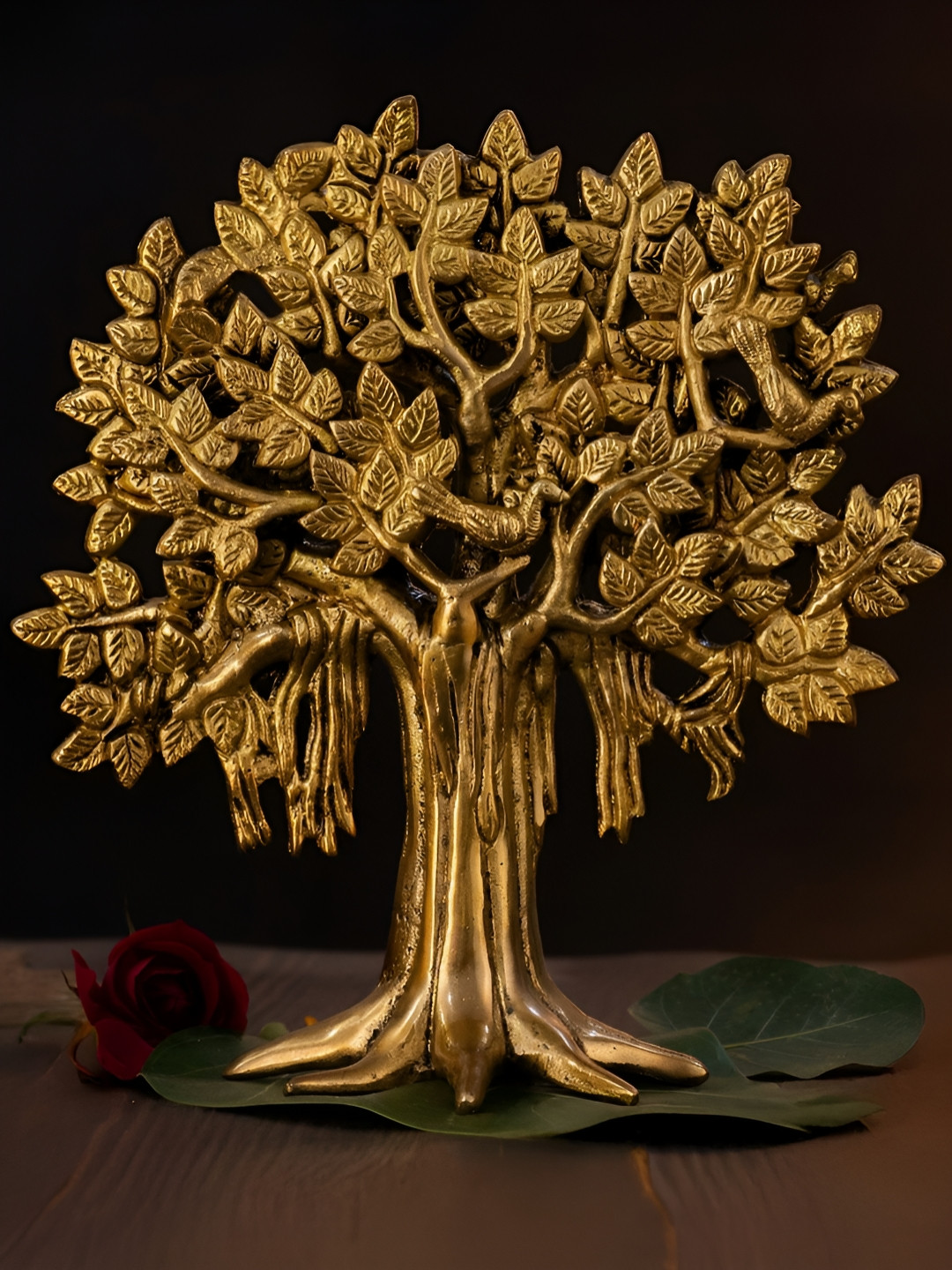 The Advitya Kalpavriksha Tree with Roots Gold Brass Metallic Prayer Room Medium Showpiece - 8.5 Inches
