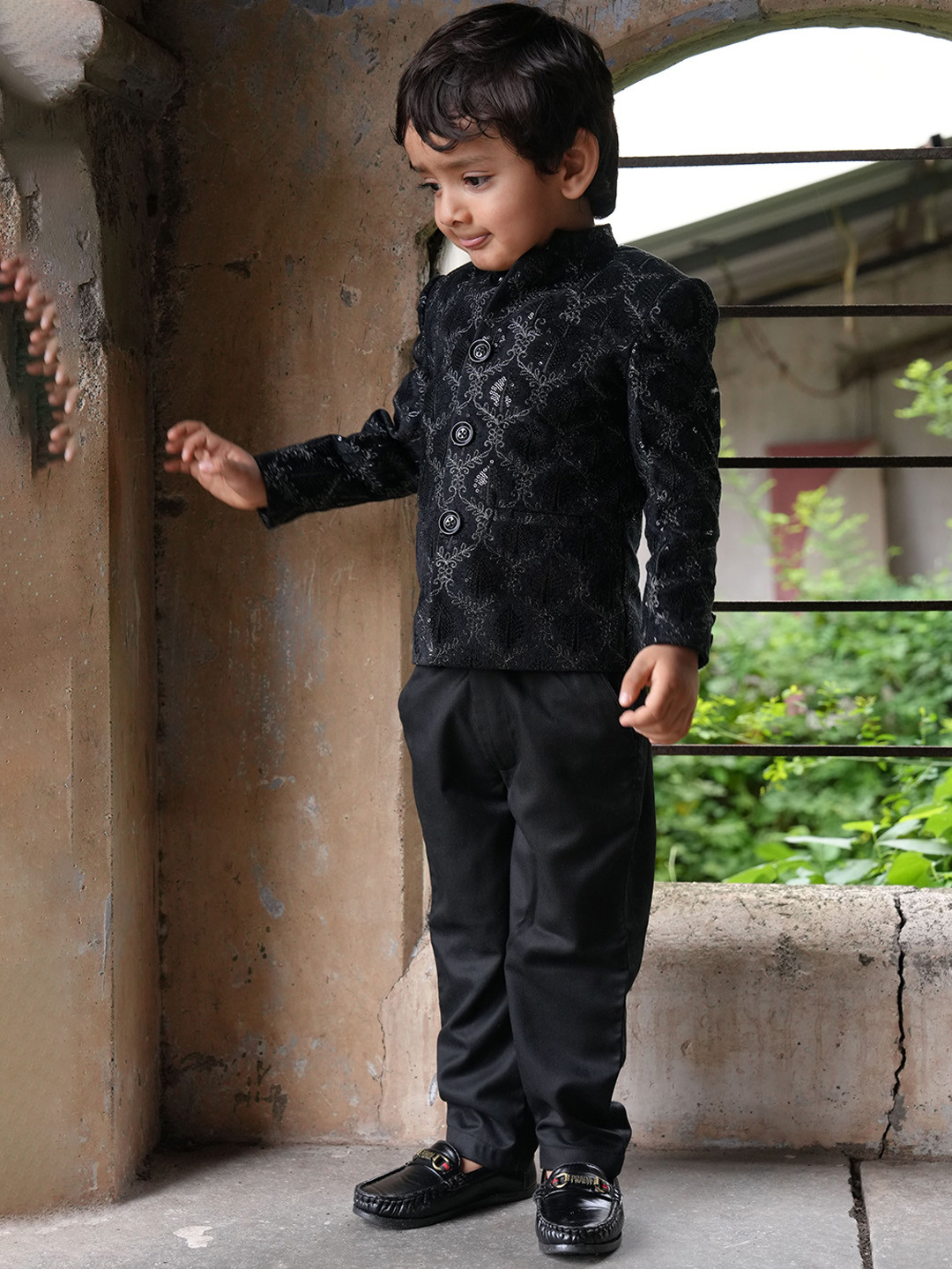 Funny Bones Clothings Boys Embroidered Sequinned Velvet Shirt with Trousers