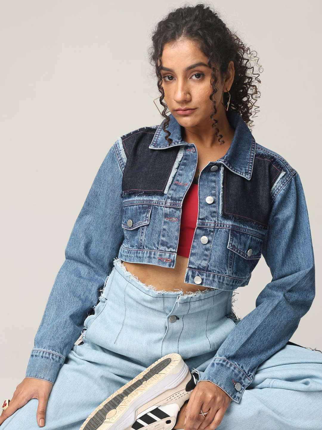 DAYER Women Spread Collar Solid Casual Denim Jacket