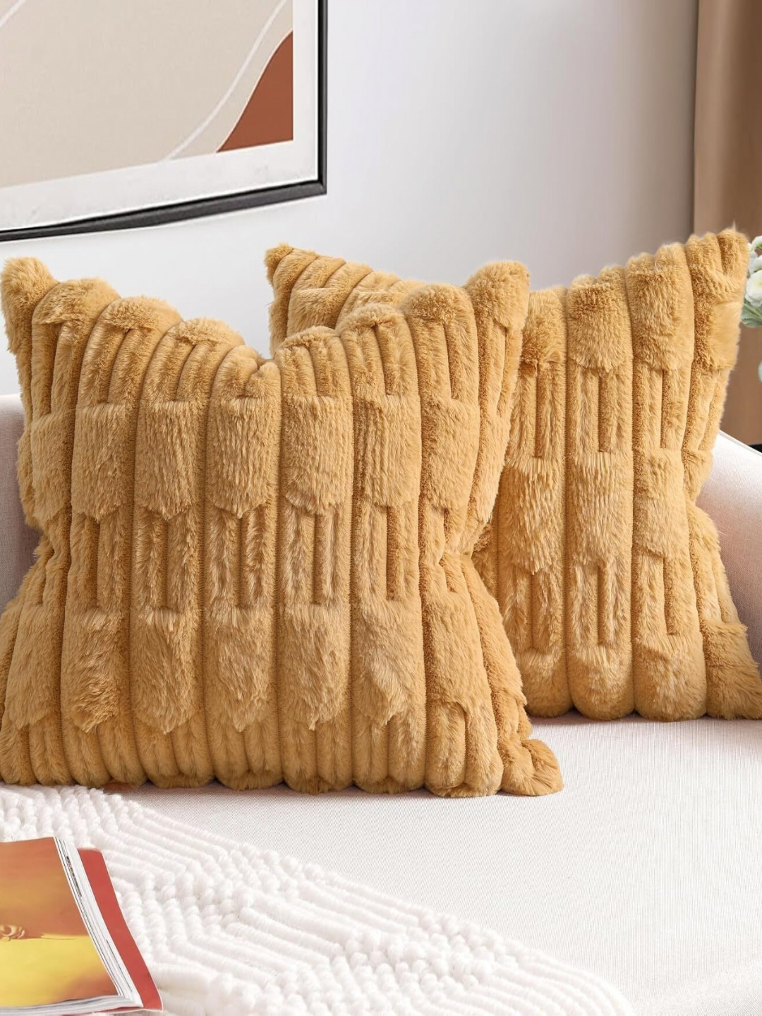 Vinayaka Fab Yellow Self Design Fur Washable 2 Pcs Textured Square Cushion Covers -16x16In