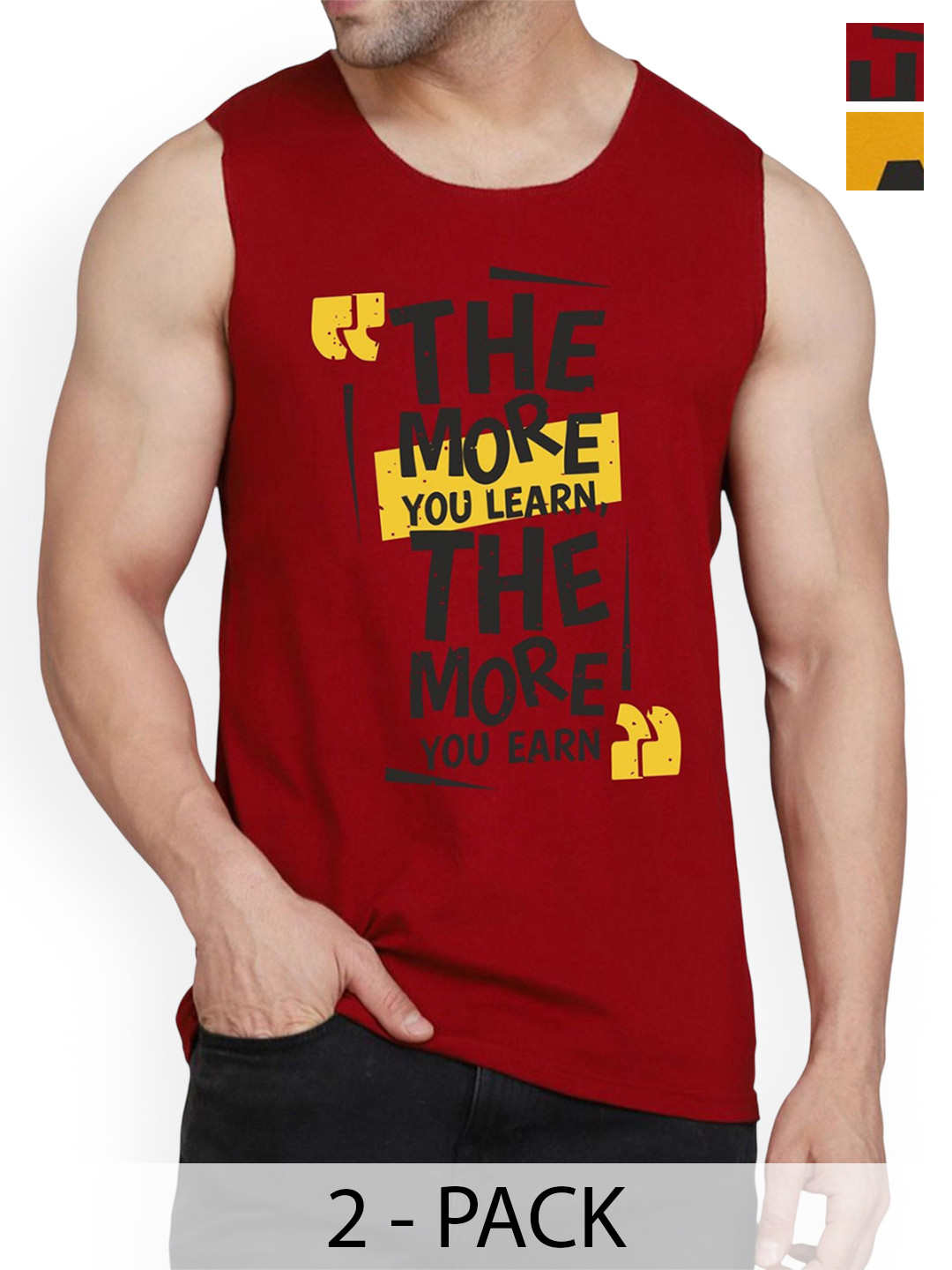 WOOSTRO Pack Of 2 Printed Cotton Gym Vests RS26 CMB (MORE MAROON) (HARD MUSTARD)