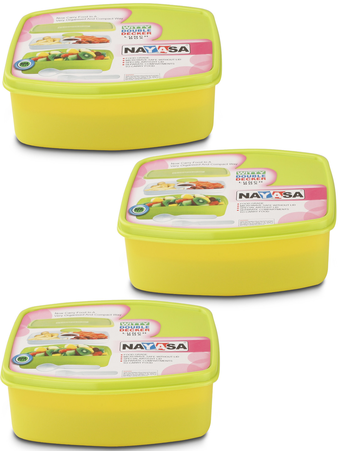 Nayasa Witty Double Decker Air Tight Leakproof 3PC Lunch Box With Spoon & Fork