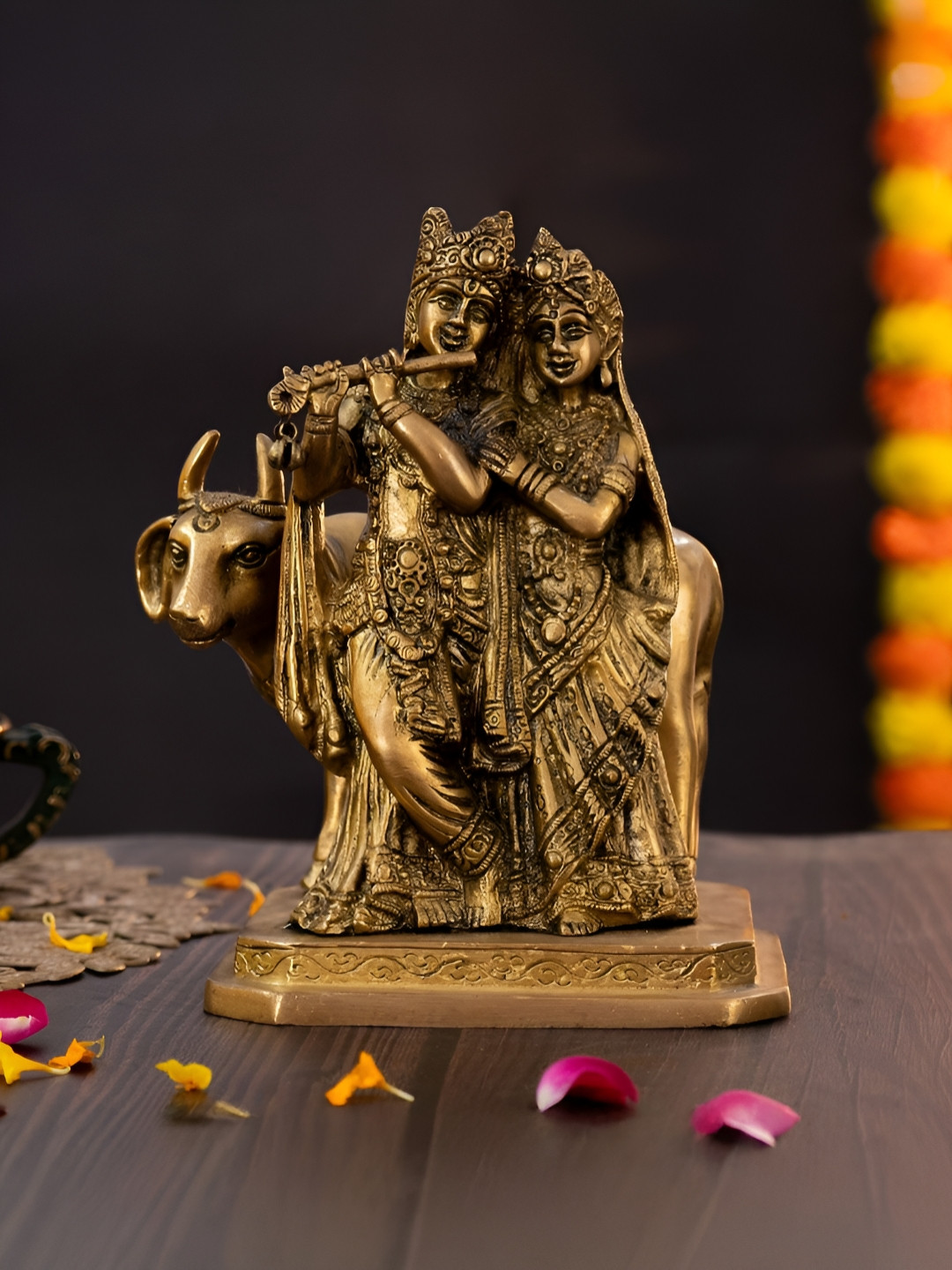 The Advitya Radha Krishna Gold Brass Metallic Prayer Room Small Showpiece - 7.5 Inches