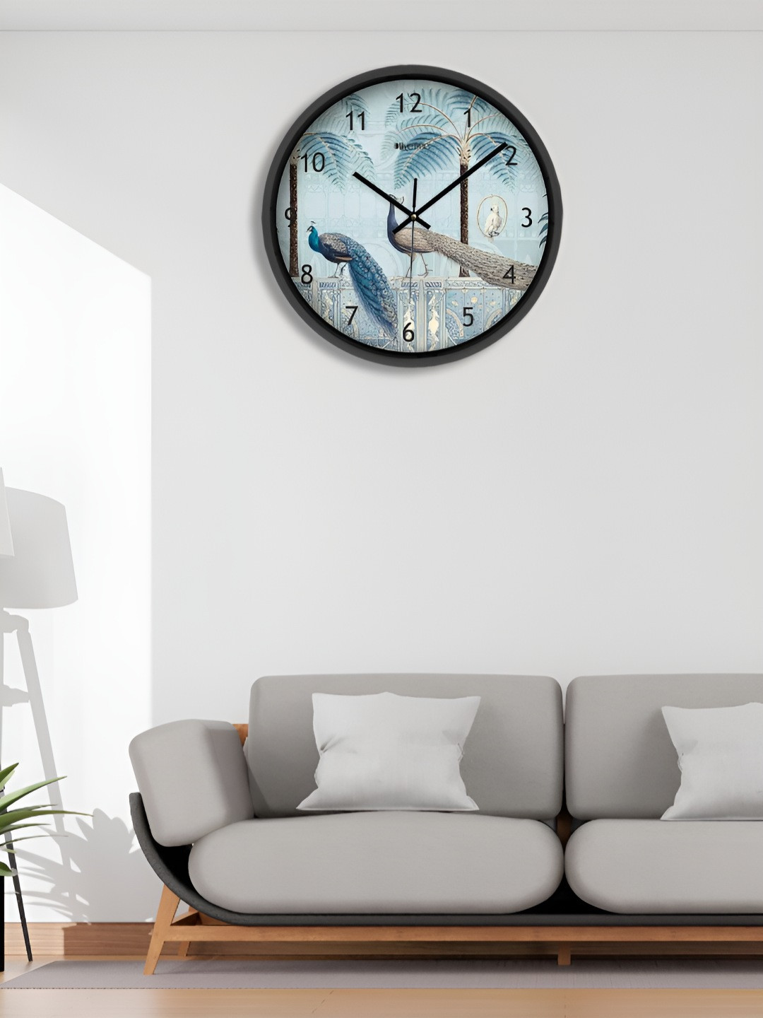 OLIVE TREE Black & Blue Peacock Printed Round Shaped Contemporary Wall Clock