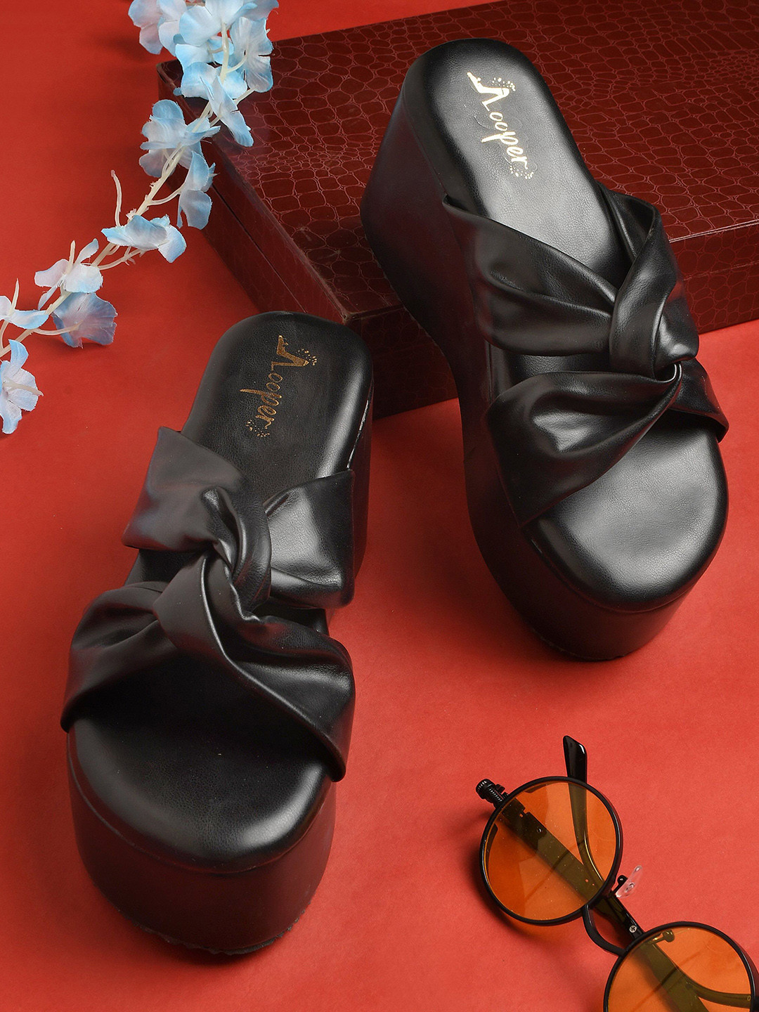 Looper Women Black Knot Platform Heel Sandals