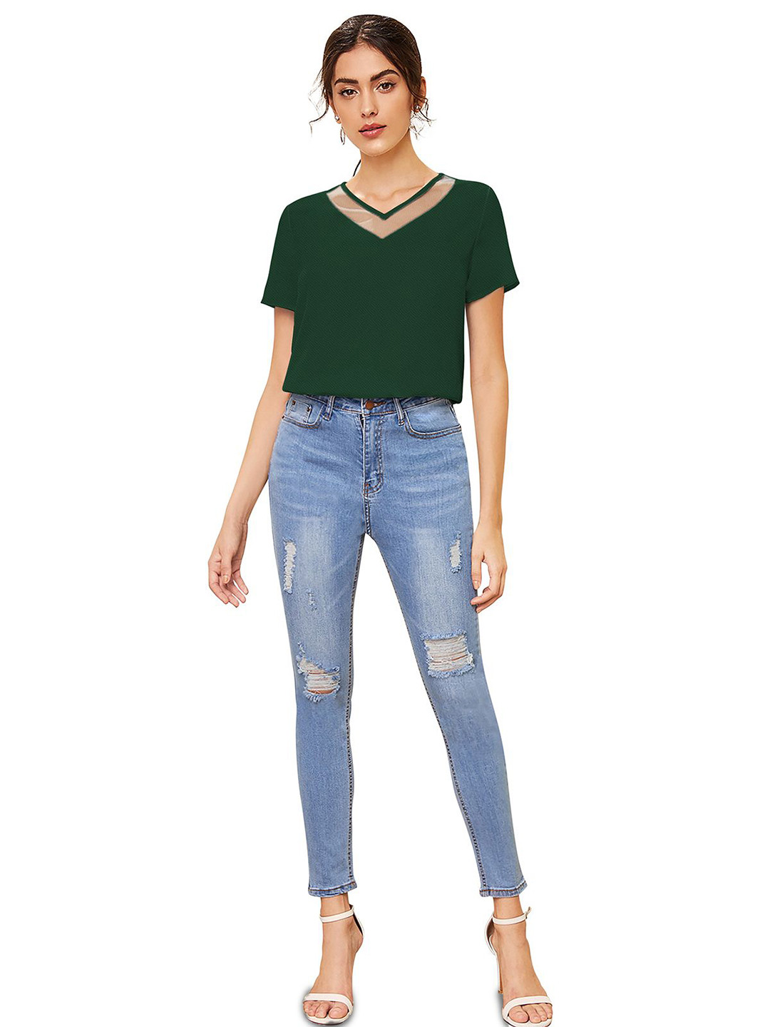 S.K.C Women V-Neck Short Sleeves Top