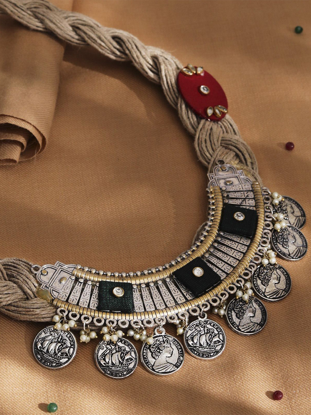 Saagah German Silver Artificial Beaded Jute Tribal Necklace