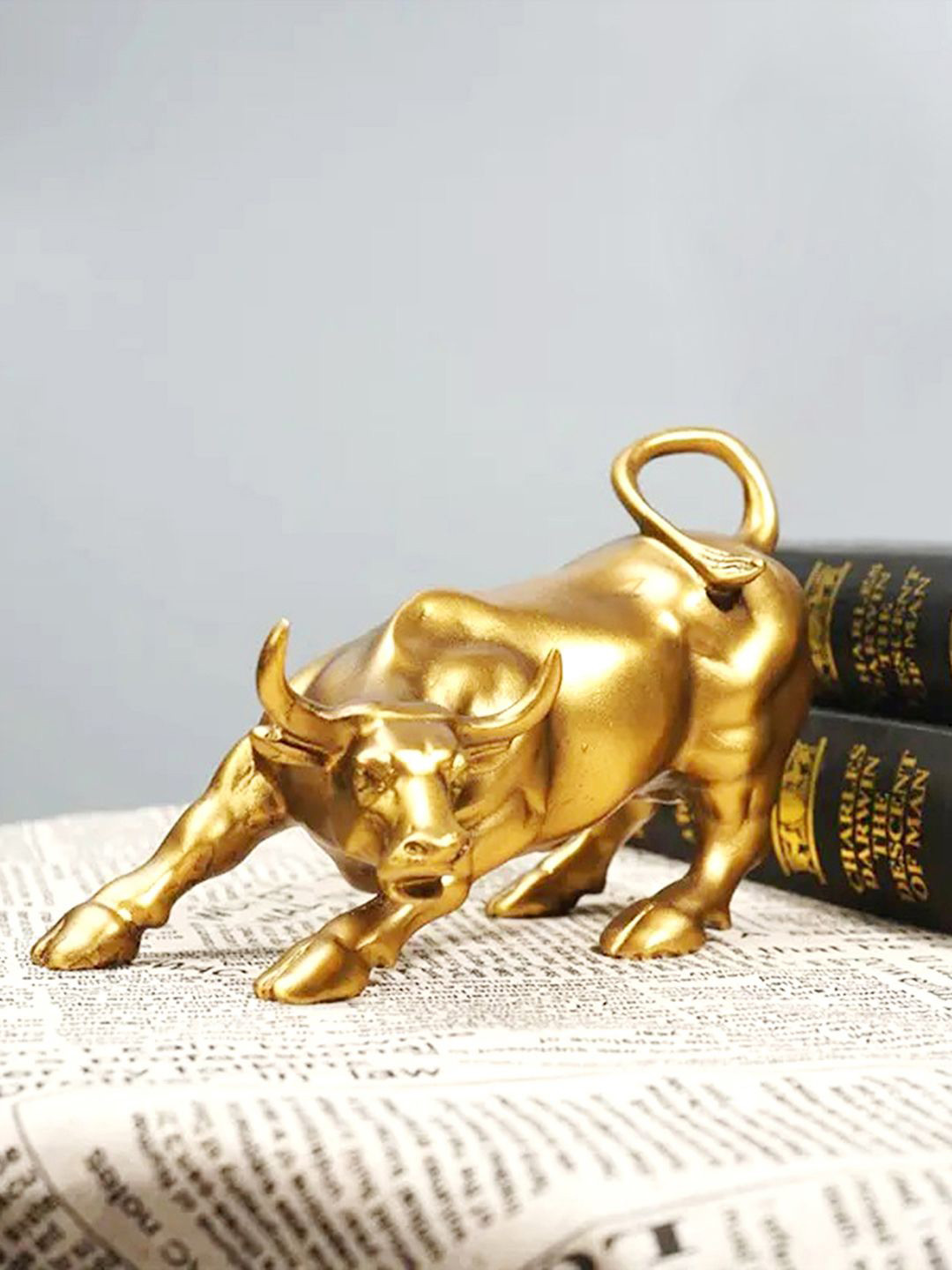 DecorTwist Street Bull Gold Metal Metallic Garden Medium Showpiece - 3.3 Inches