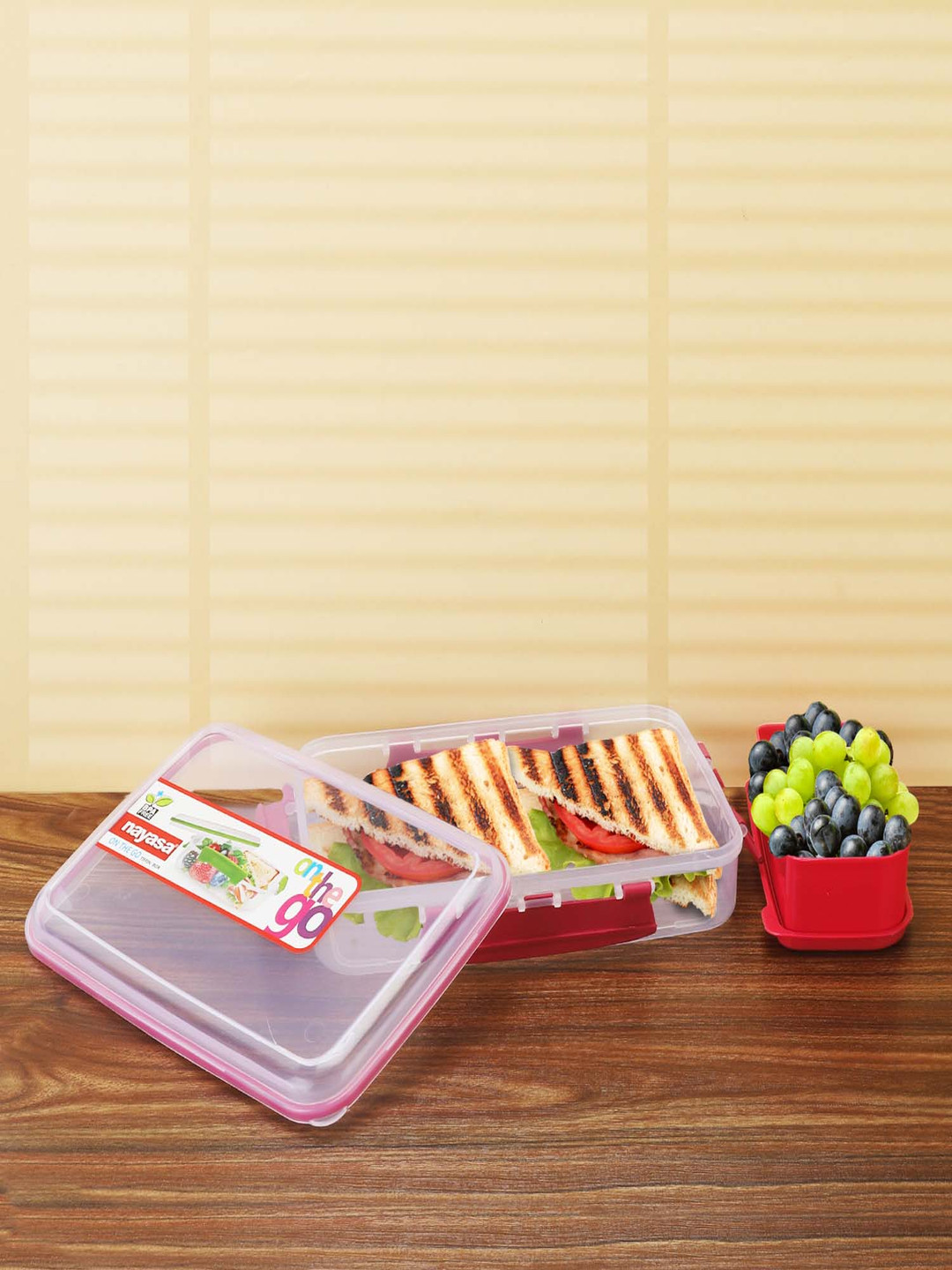 Nayasa On The Go Airtight Leakproof Pink Solid Plastic 2PCs Lunch Box With Spoon and Fork