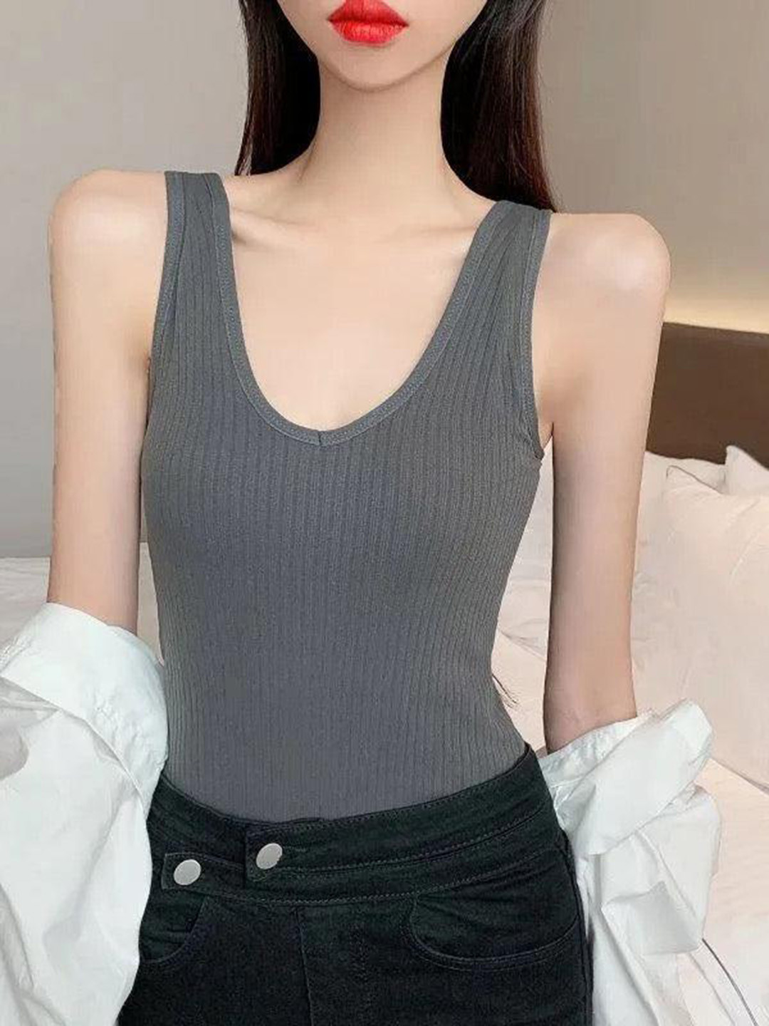 Miss Mosa By Akanksha  Women Grey Fia Warm Tank Tops With Fleece Lining