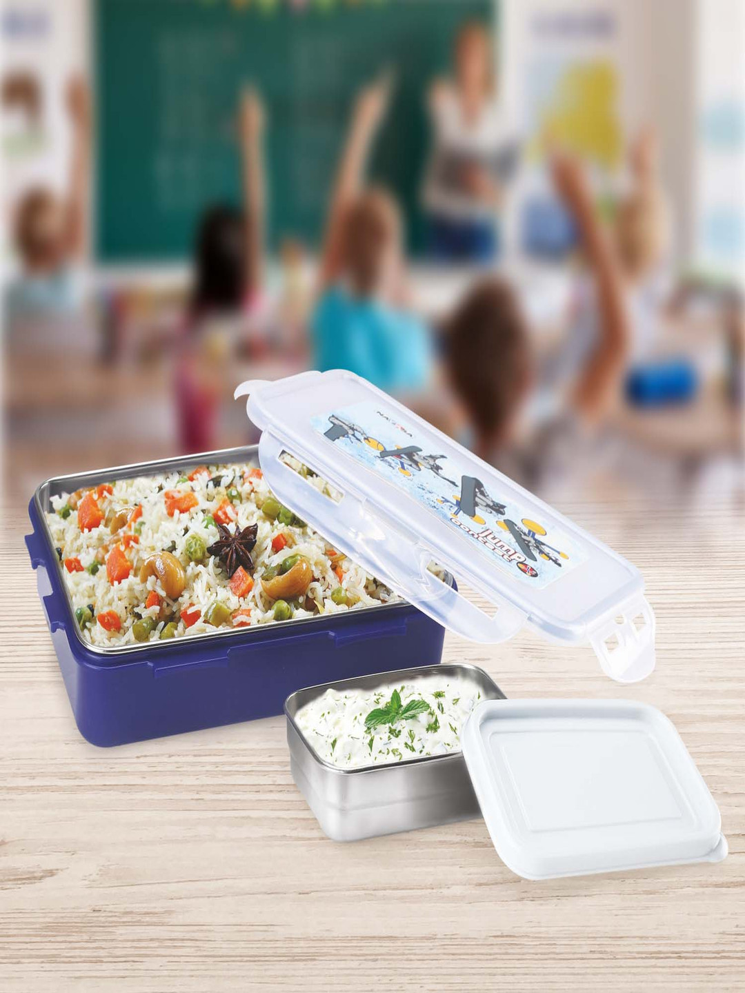 Nayasa Super Lock Airtight Leakproof Graphic Plastic 2PCs Lunch Box With Spoon and Fork