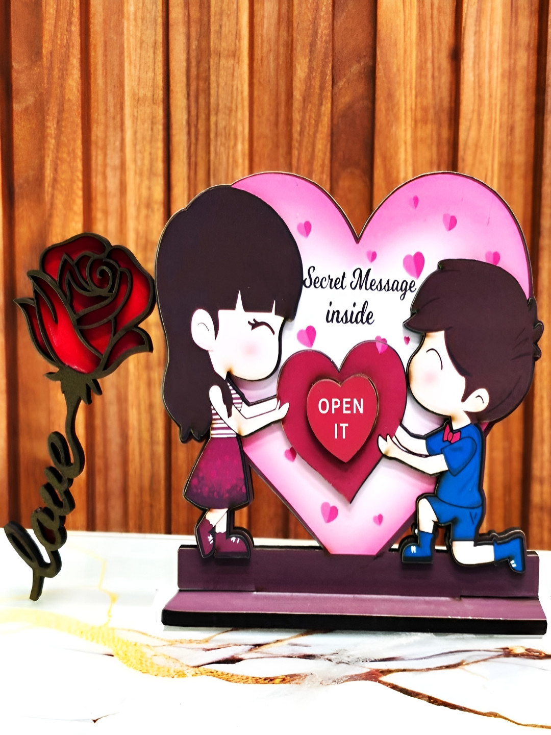 Home Delight White & Red Girl Proposing Printed Wooden Showpiece & Rose Magnet