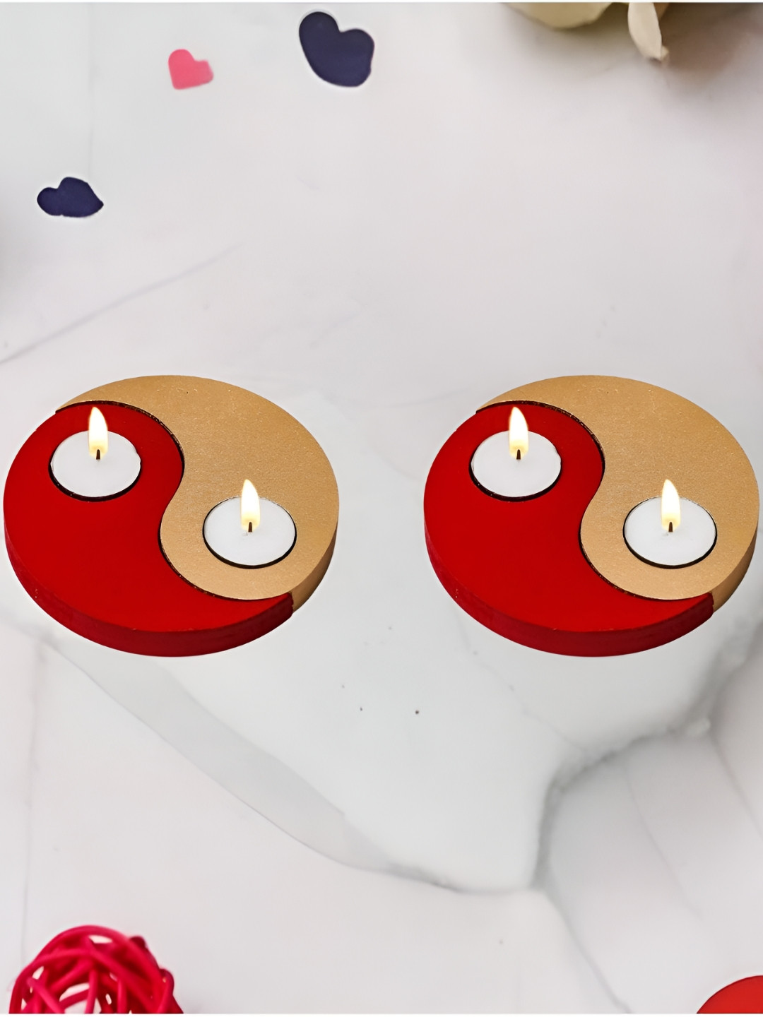 eCraftIndia Red & Gold-Toned 2 Pieces Yin Yang Shape Wooden Tea Light Candle Holders