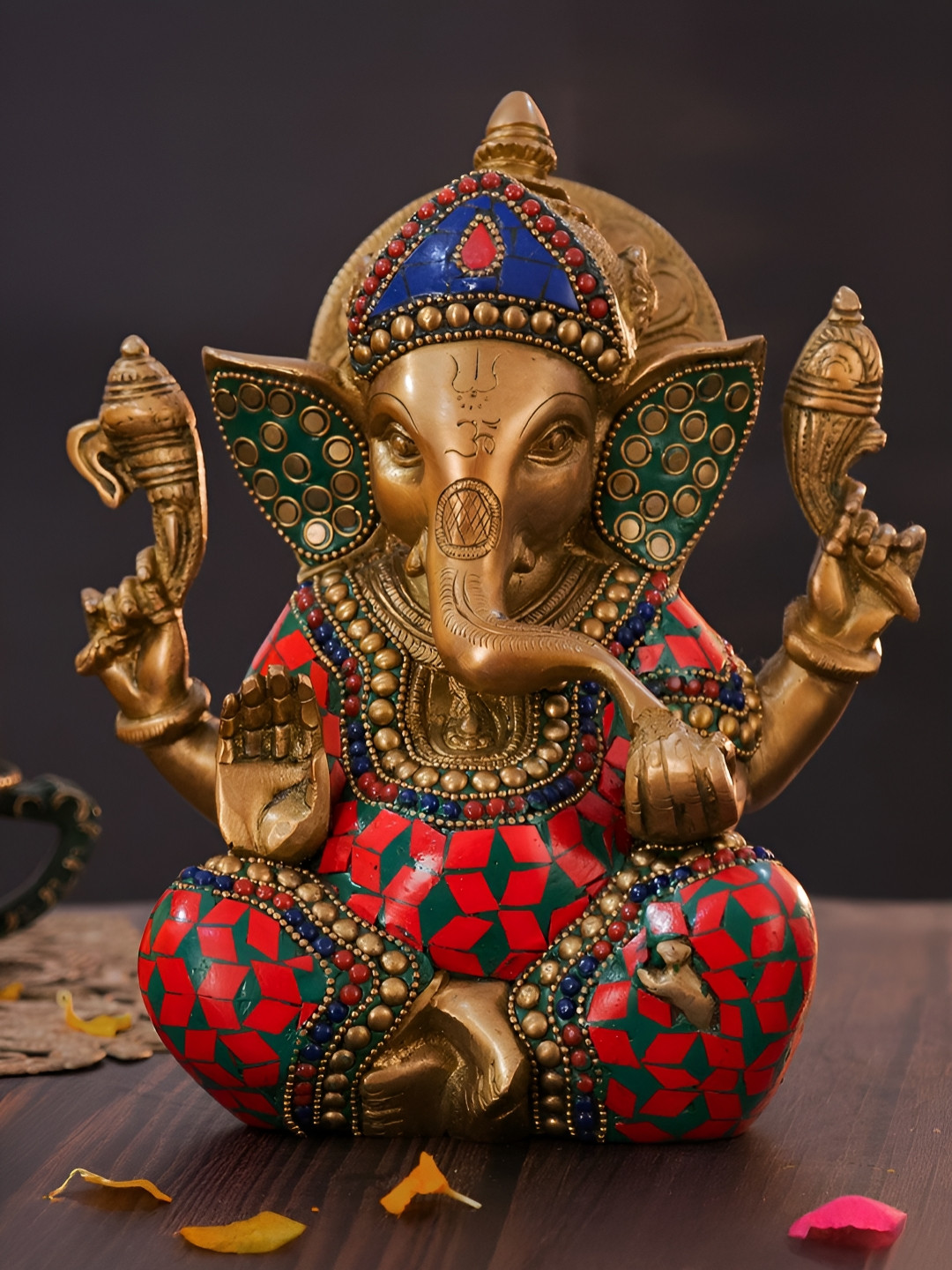 The Advitya Ganesha Sitting Murti with Mosaic Work Gold Brass Metallic Prayer Room Medium Showpiece - 8 Inches