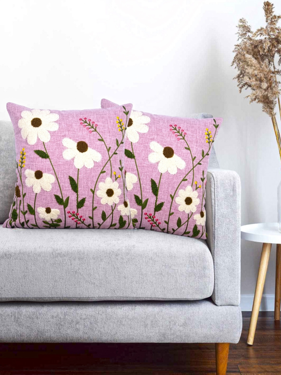 Vinayaka Fab Pink And Cream 2 Pieces Floral Embroidered Linen Square Cushion Covers