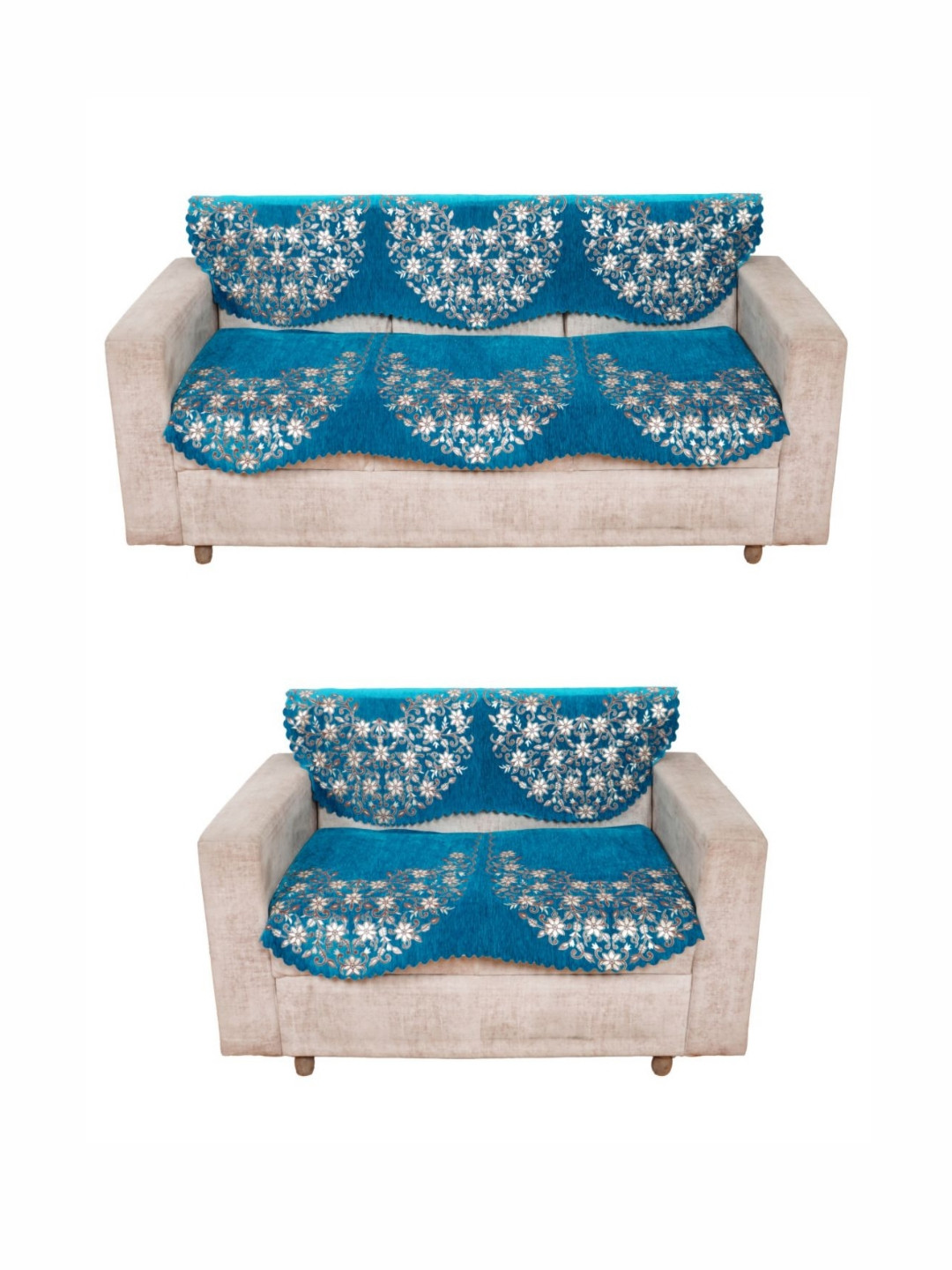 Fashion Throw Turquoise Blue & White 5-Seater Floral Printed Jacquard Sofa Covers
