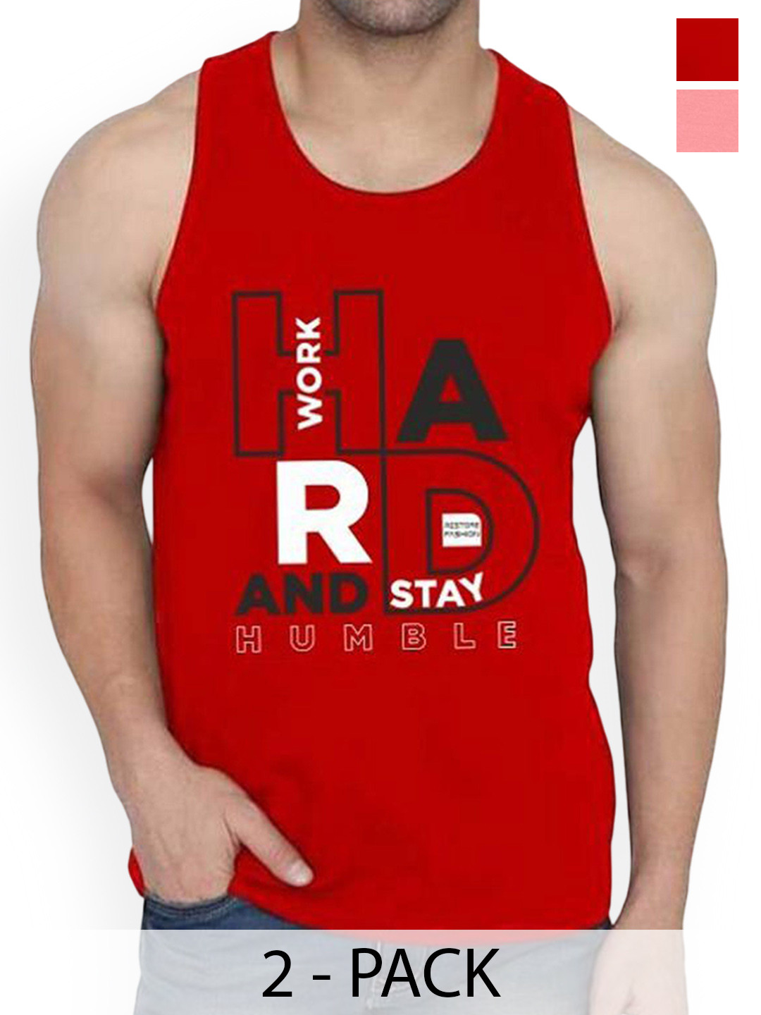 WOOSTRO Pack Of 2 Printed Cotton Gym Vests RS26 CMB (HARD RED) (HARD PEACH)