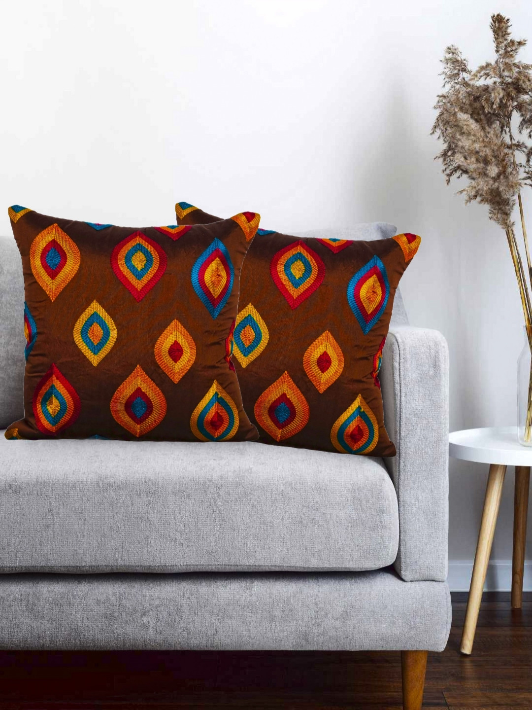 Vinayaka Fab Brown And Blue 2 Pieces Geometric Embroidered Silk Square Cushion Covers