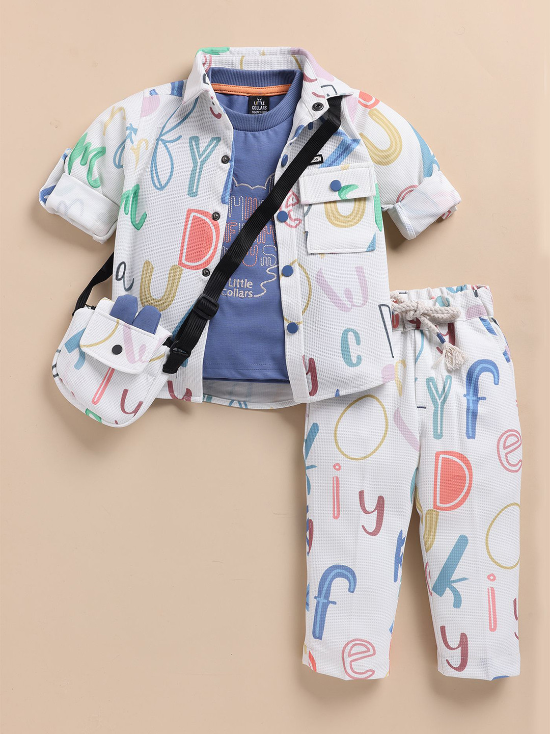 LITTLE COLLARS Boys Printed Roll-Up Sleeves Shirt With Trouser & T-Shirt