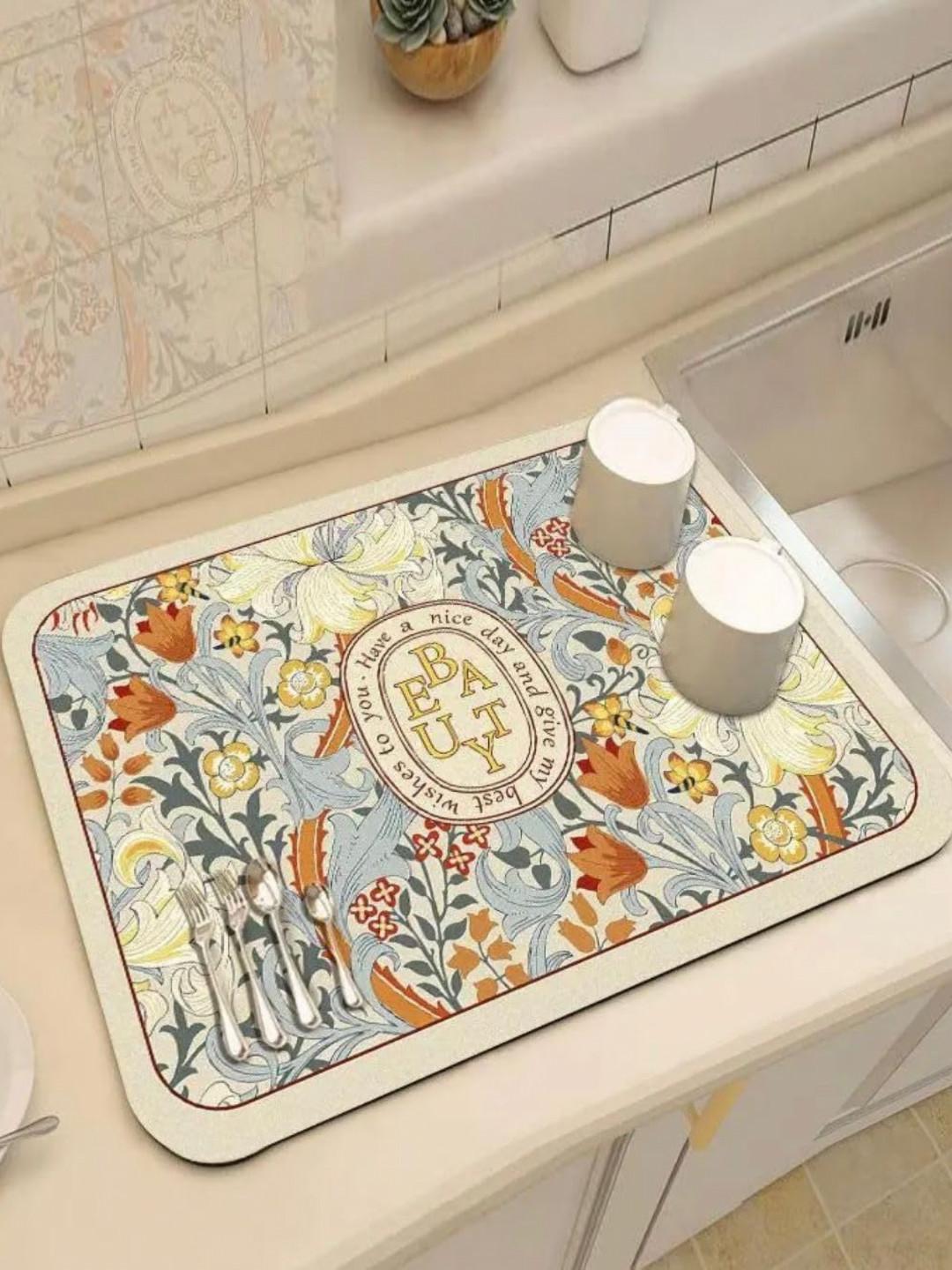 FAVRIA Yellow & Grey Printed Dish Drying Mat