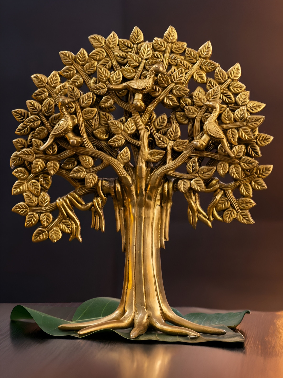 The Advitya Kalpavriksha Tree with Roots Gold Brass Metallic Prayer Room Large Showpiece - 12 Inches