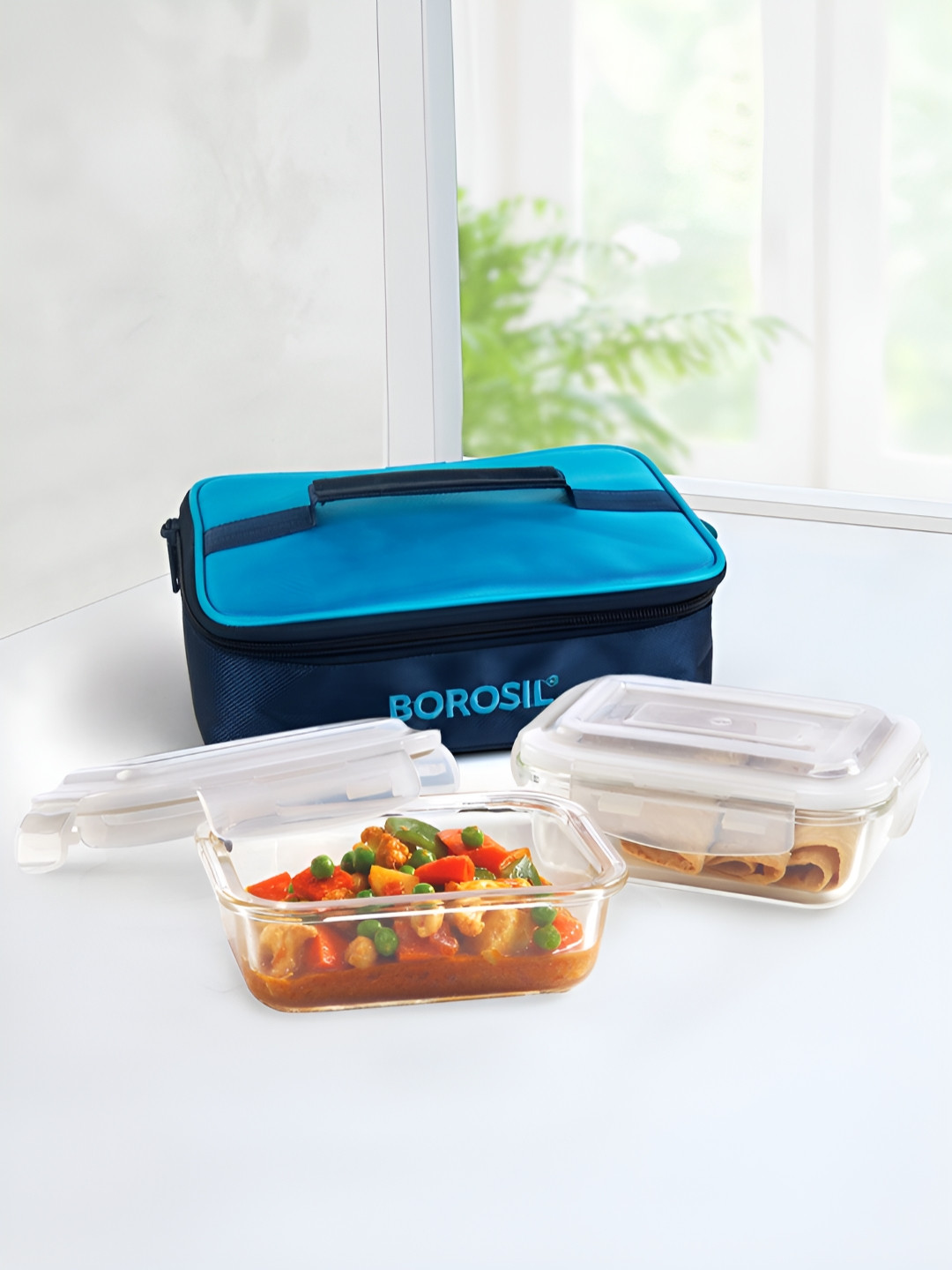 BOROSIL Alfa Glass Dishwasher and Microwave Safe 3PCs Lunch Box With Spoon and Fork
