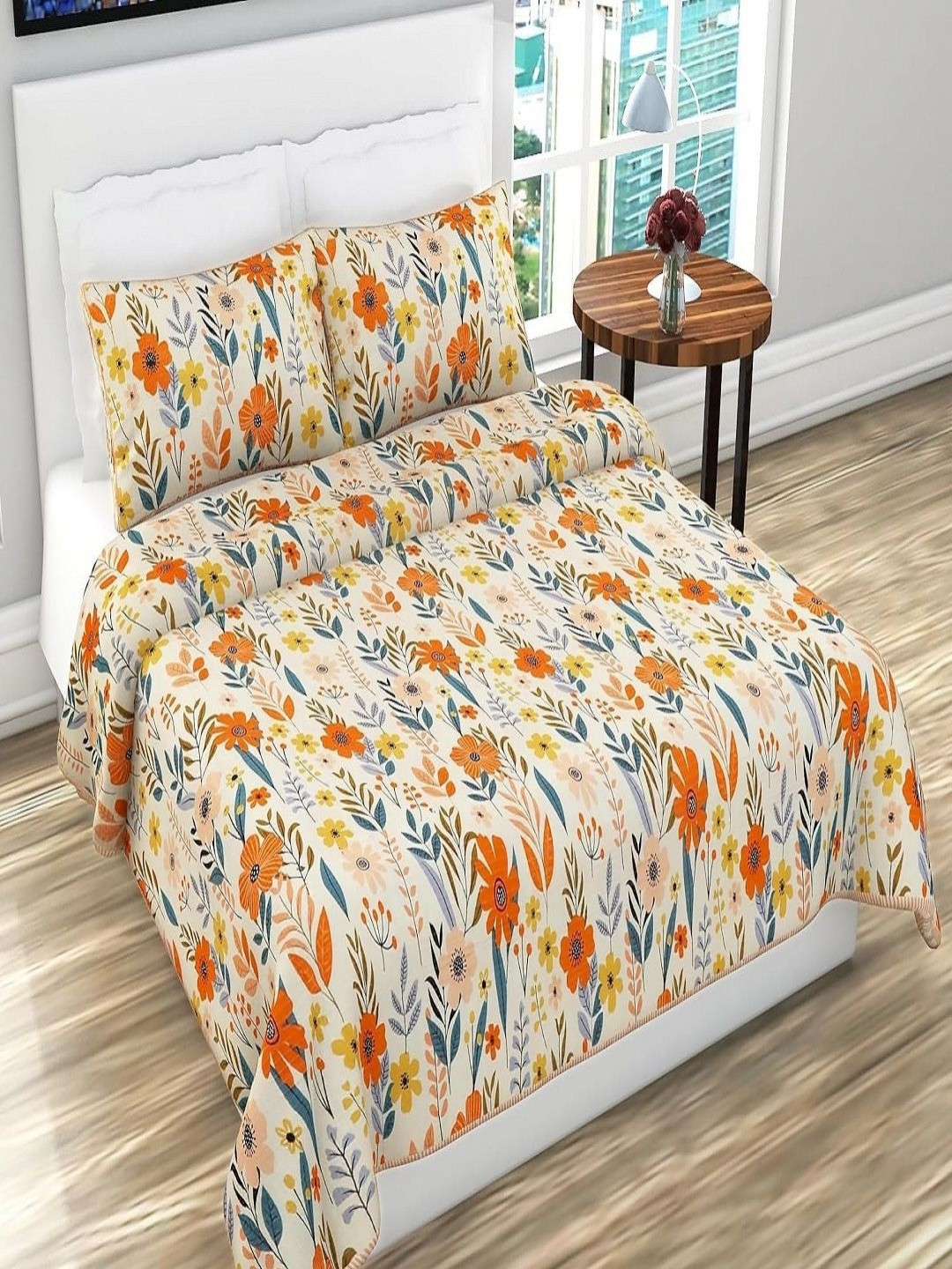 Myntra Elegant Homes Cream Colored Printed Microfiber Cotton Bed Cover With Pillow Covers