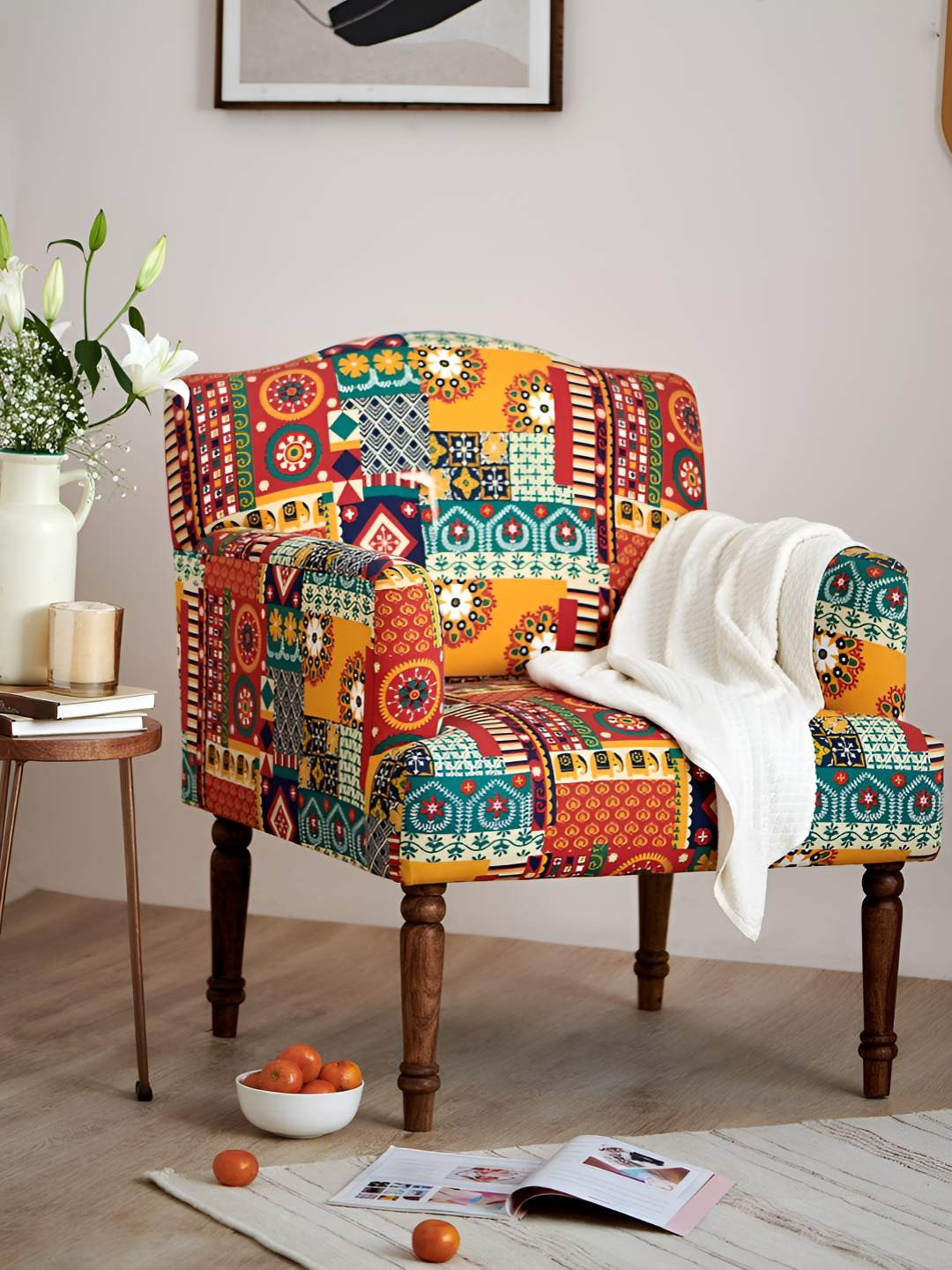 Chumbak Orange & Green Floral Printed Nawab Arm Chair