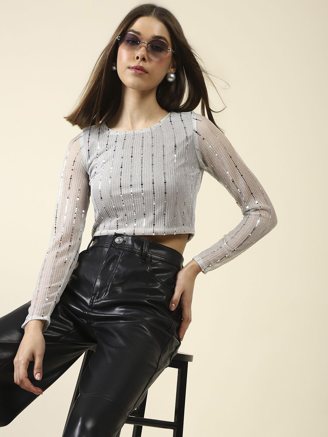 StyleCast X SERA Embellished Crop Top with Vertical Stripes