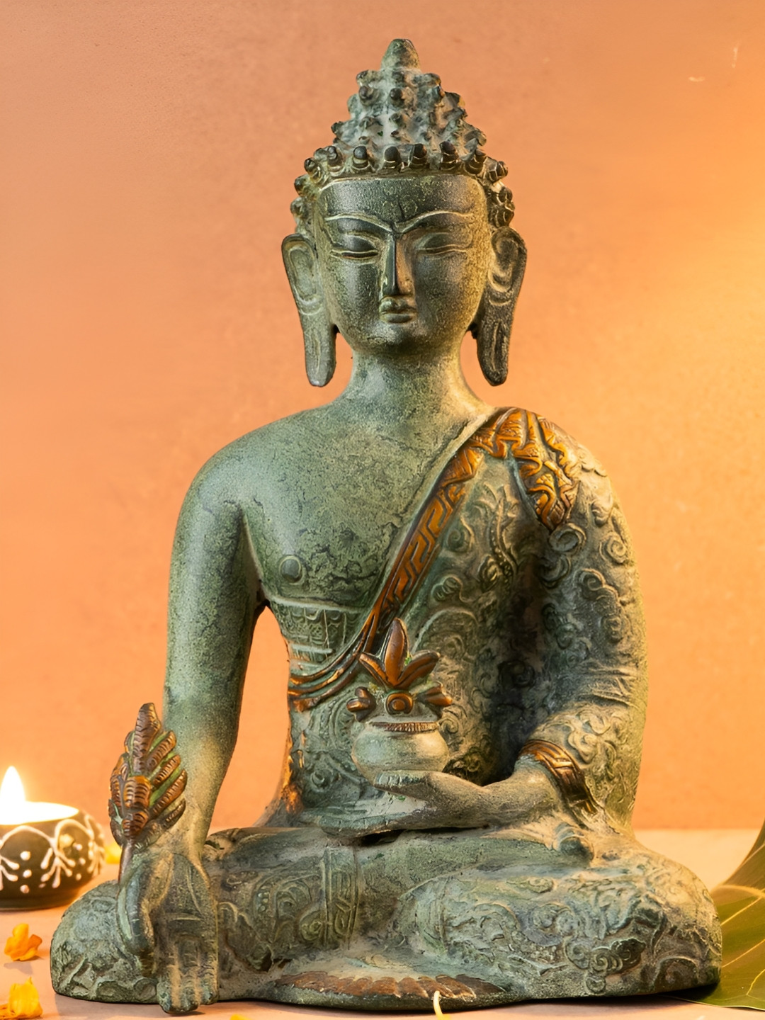 The Advitya Buddha Meditating Green Brass Metallic Prayer Room Large Showpiece - 10 Inches