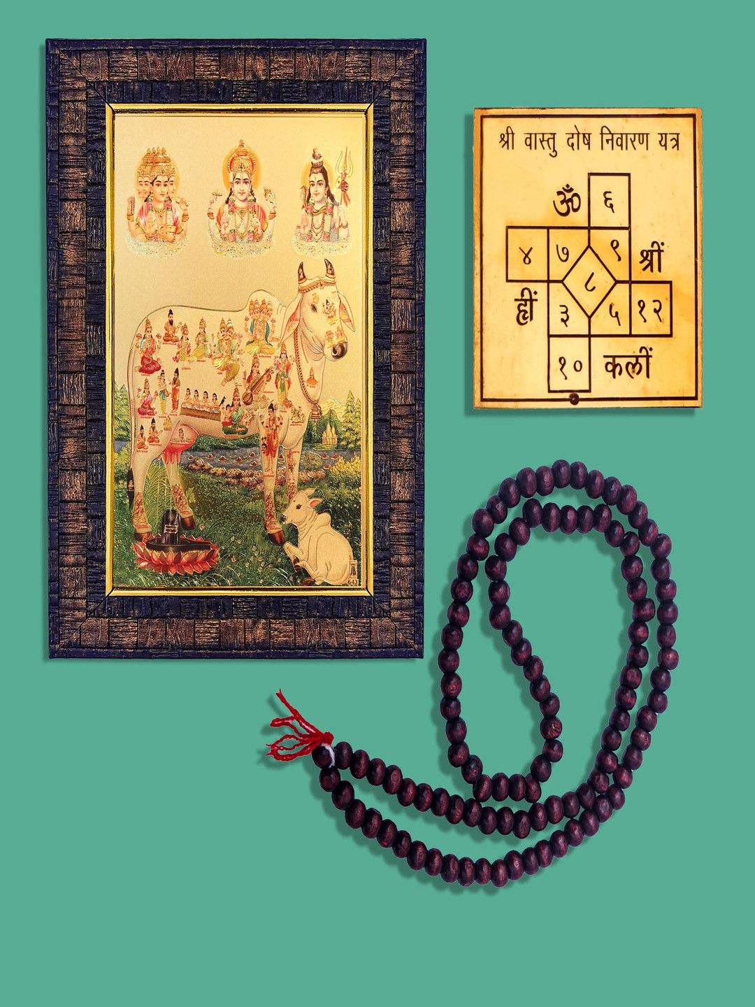 Hawai Gold Toned & Brown Wooden Kamdhenu Cow Photo Frame with Mala & Yantra