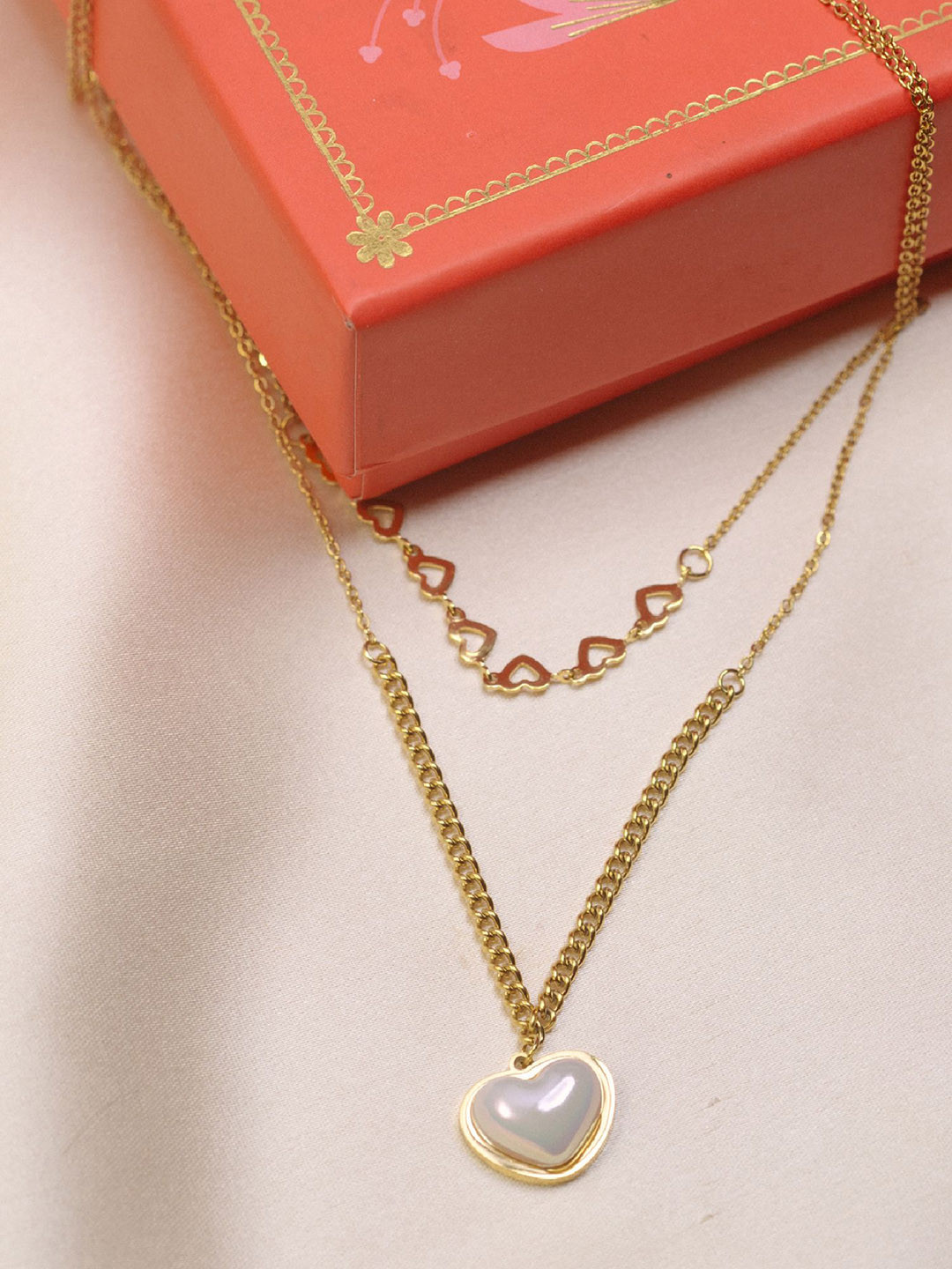 ARTKLIM Gold-Plated Double Layered Heart Shaped Pendant Necklace