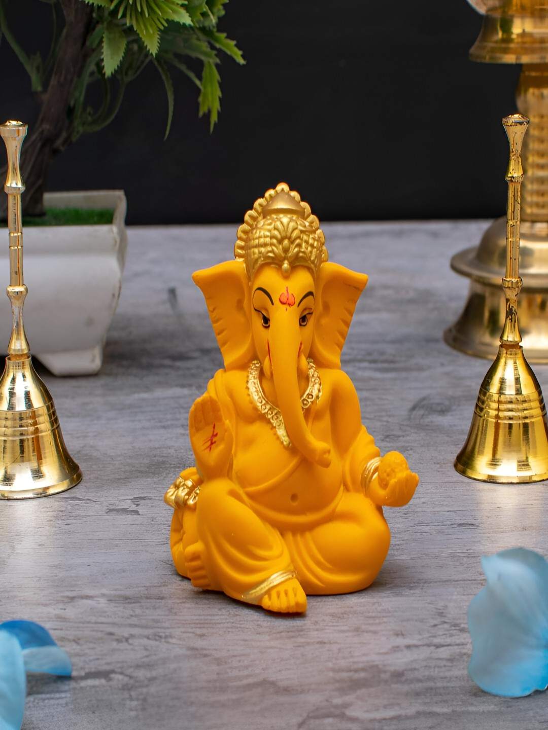 Craftlayout Ganpati Murti with Mukut Orange Polyresin Glossy Living Room Small Showpiece - 2 Inches