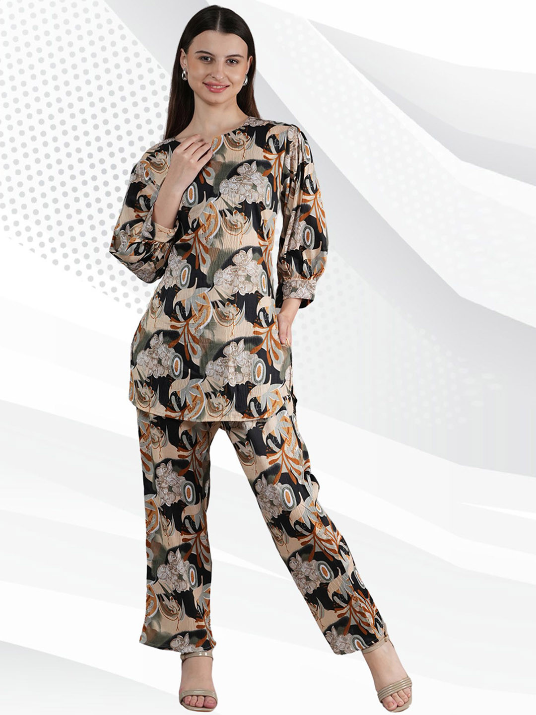 NEYSA Floral Printed Notch Neck Tunic With Trousers