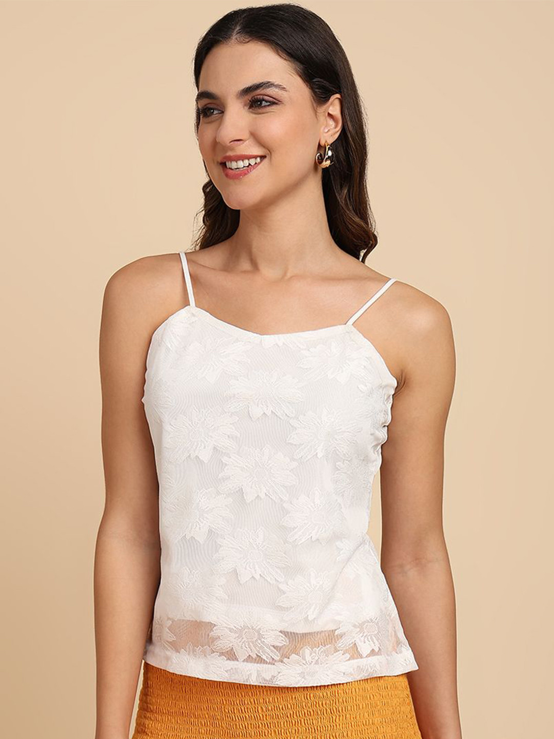 SAFFE Women Floral Self Design Shoulder Straps Lace Tank Top