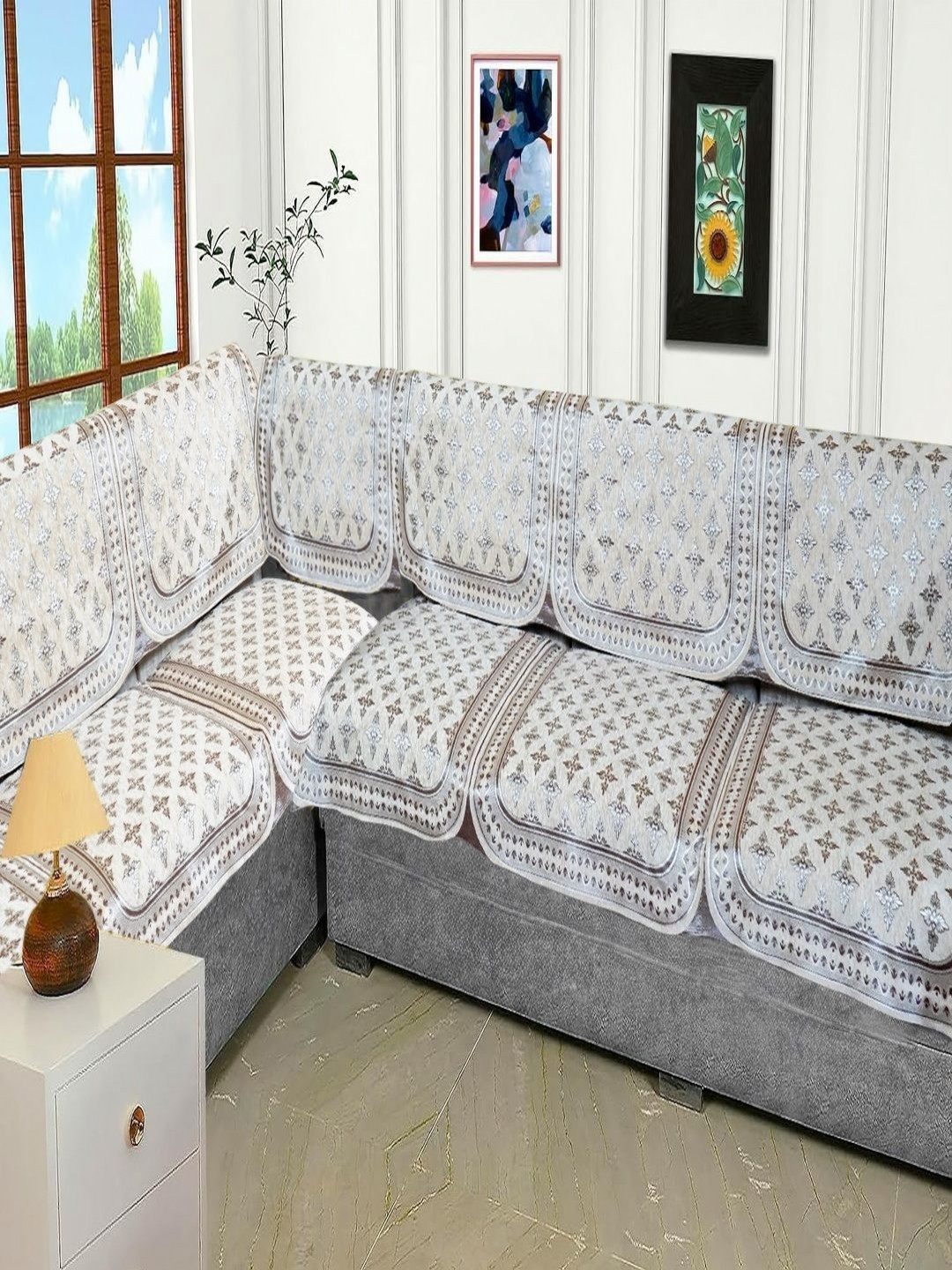 Fashion Throw Beige & Grey 6 Pieces Printed Jacquard 7 Seater Sofa Cover