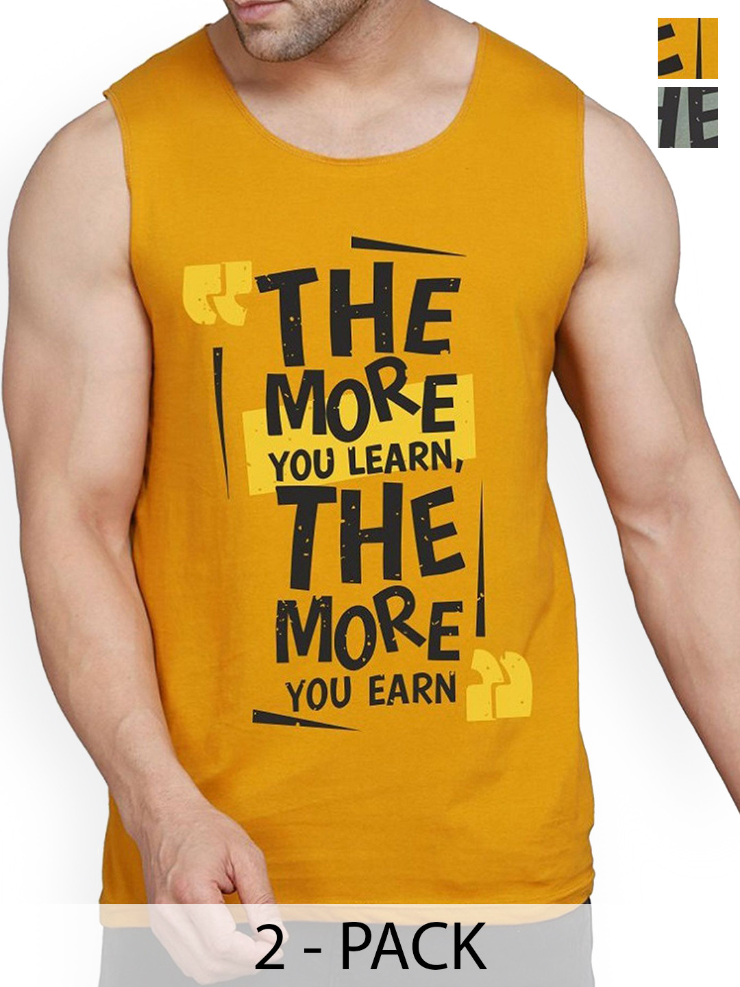 WOOSTRO Pack Of 2 Printed Combed Cotton Gym Vest RS26 CMB (MORE MUSTARD) (MORE LGTGREEN)