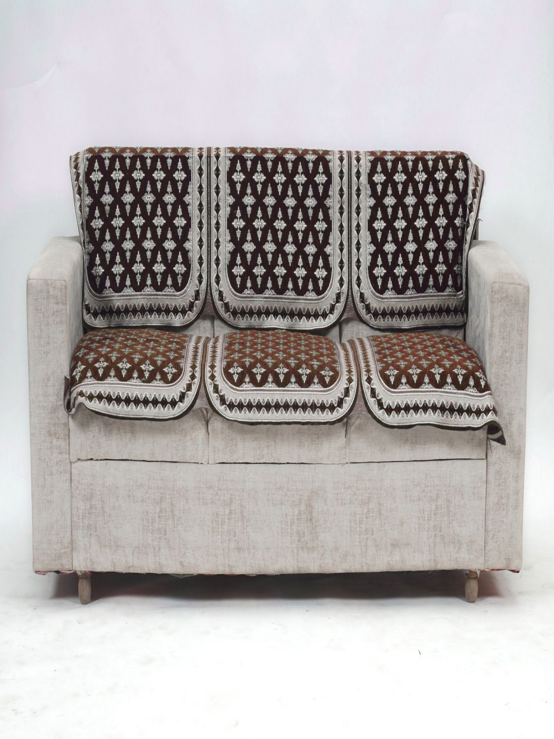 Fashion Throw Brown & White 2 Pieces Printed Jacquard 3 Seater Sofa Covers