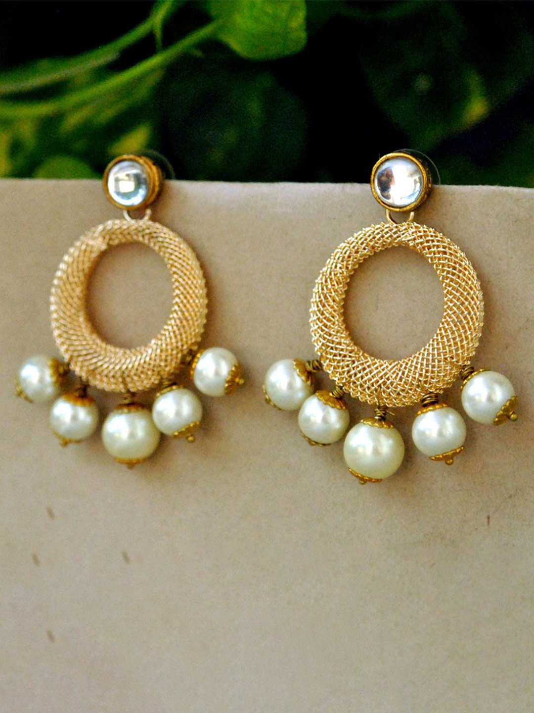 BeAbhika Gold-Plated Kundan Studded & Beads Contemporary Chand Chakori Drop Earrings