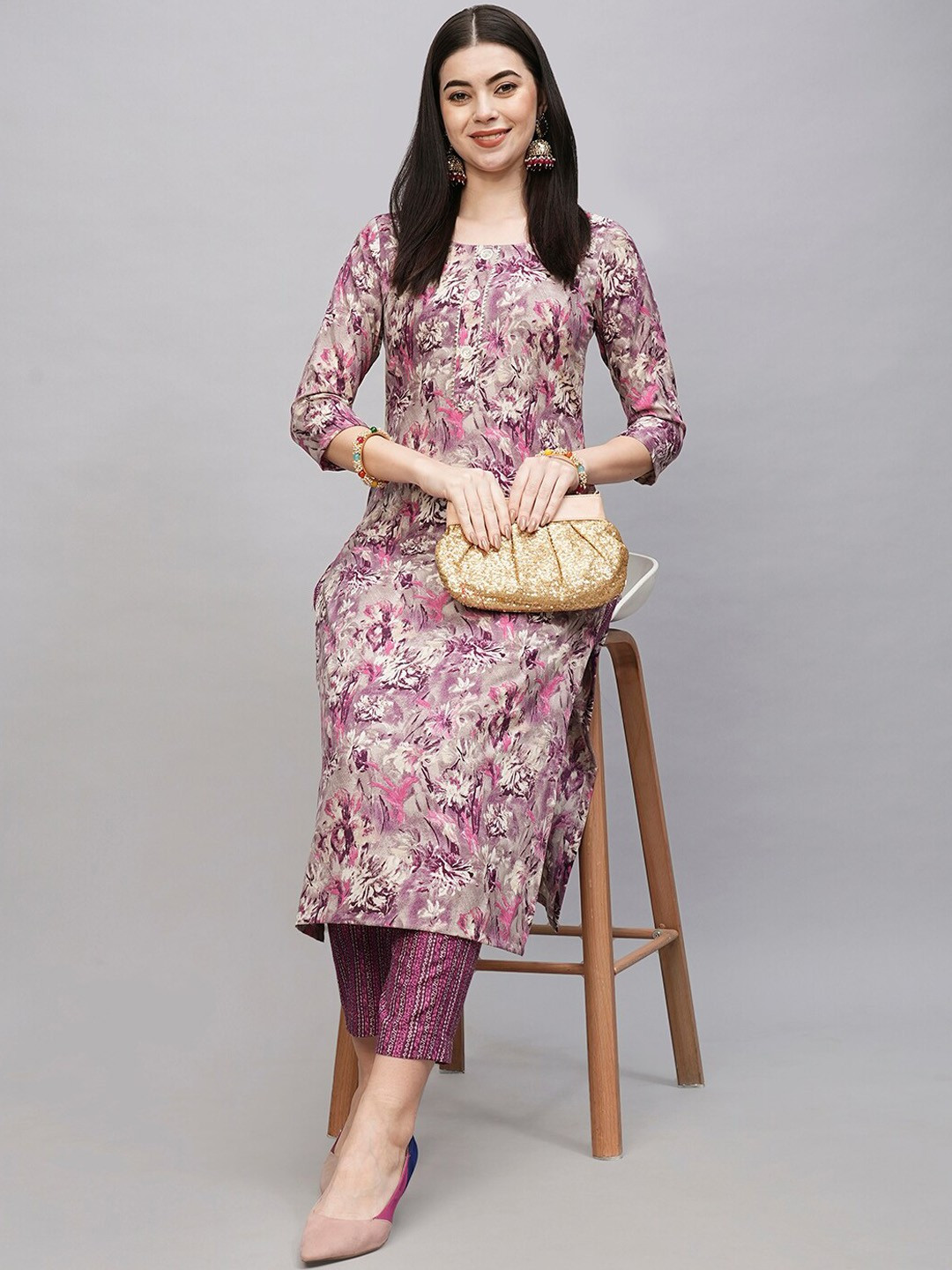 DIVASTRI Seep Floral Printed Straight Kurta With Trousers